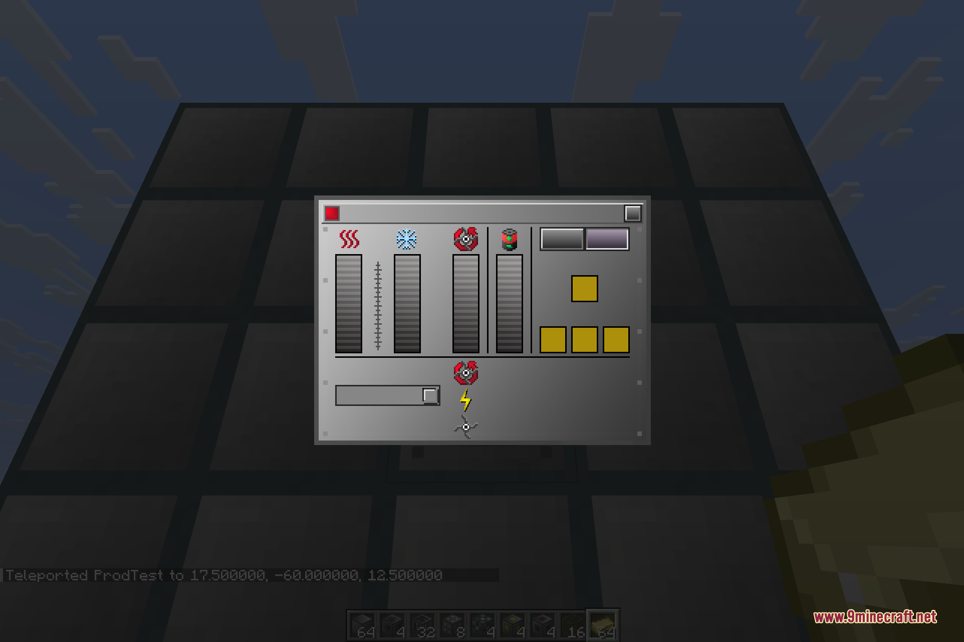 The Reactor Controller for a running Reactor, showing the on/off toggle, core heat and coolant readouts, control-rod level, and the energy buffer.