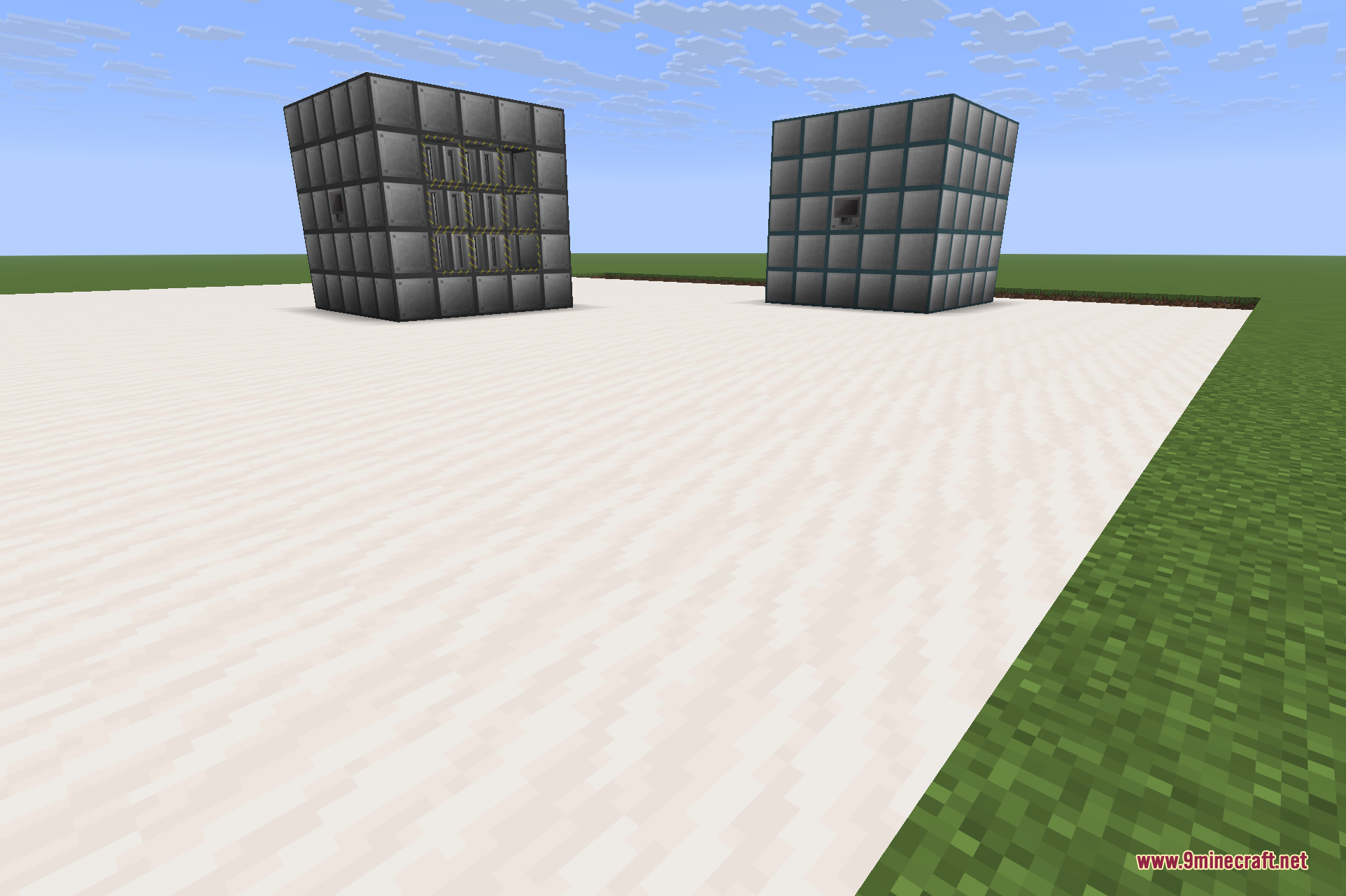 Two separate multiblock Reactors side by side, one built with reactor glass to expose the fuel rods inside and one sealed in solid reactor casing.