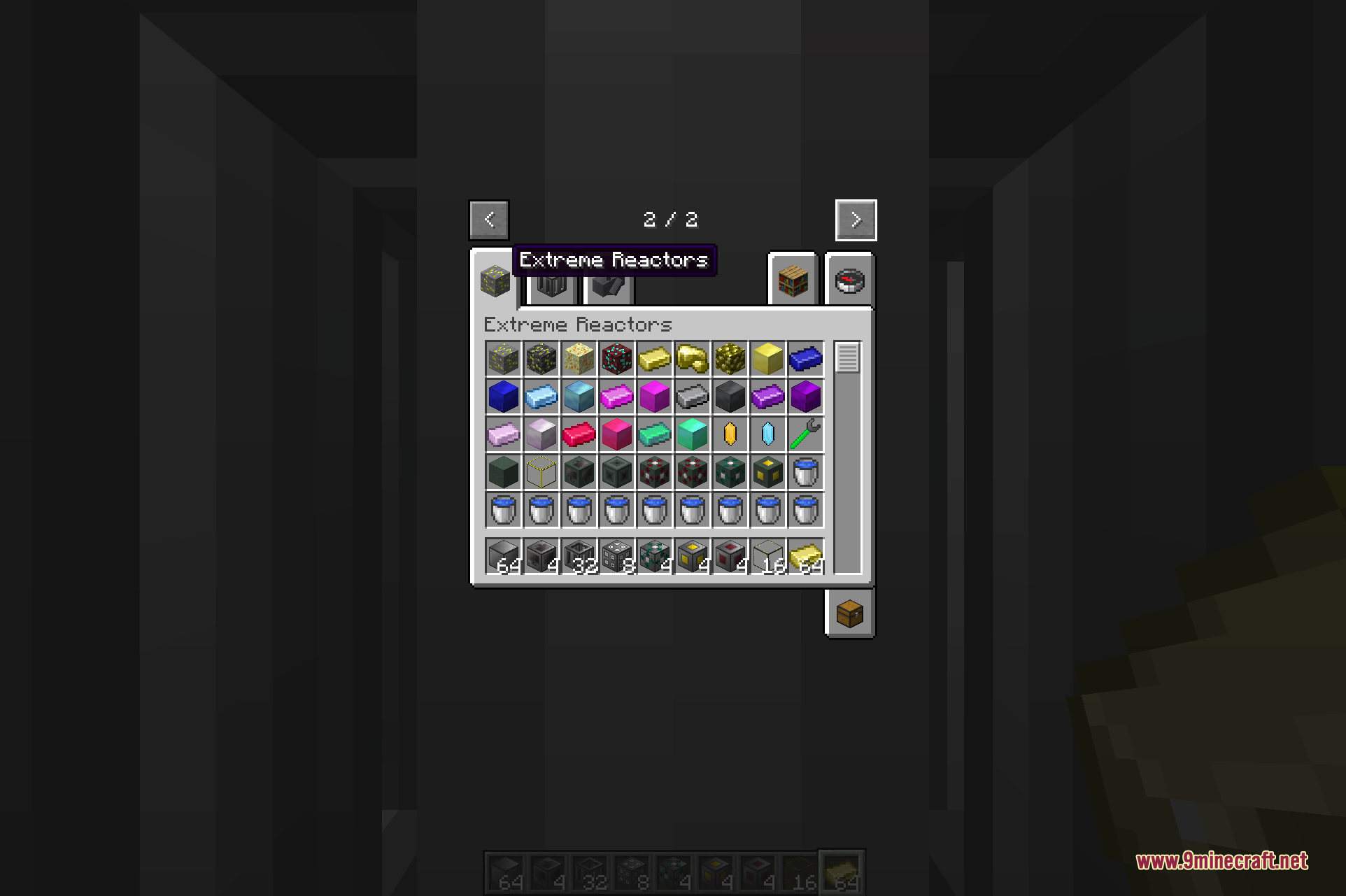 The Big Reactors creative tab, showing the mod's blocks and items: Yellorium ore and ingots, reactor casing and glass, fuel rods, ports, and coolant parts.