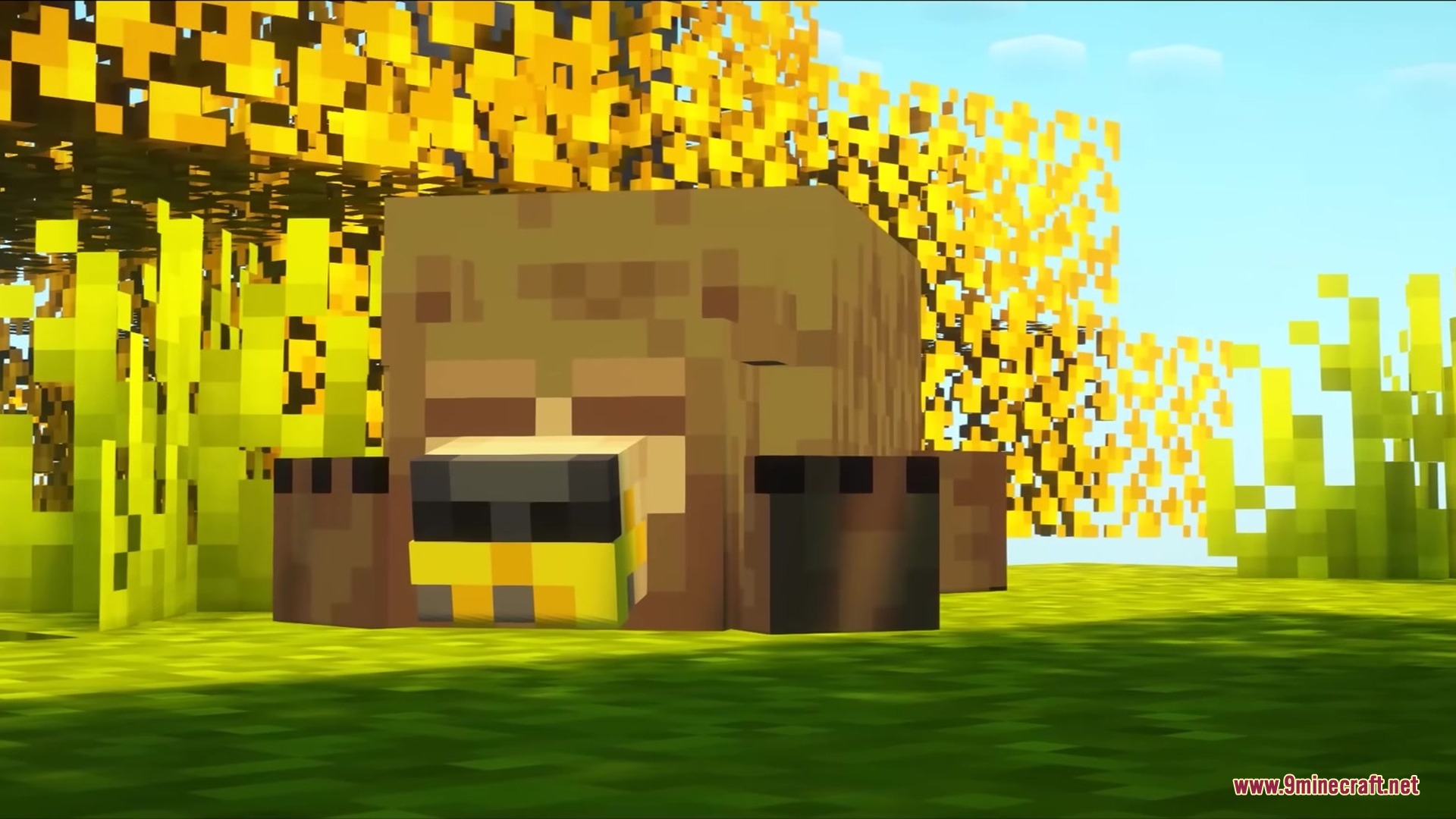A brown blocky animal resting in a yellow forest biome