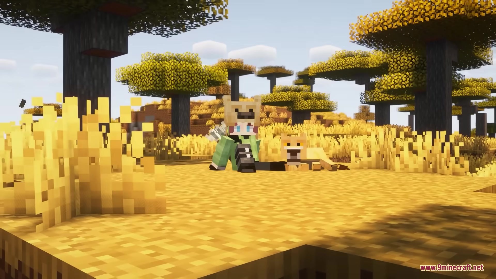 Character sits with a lion cub in a bright savanna with yellow trees