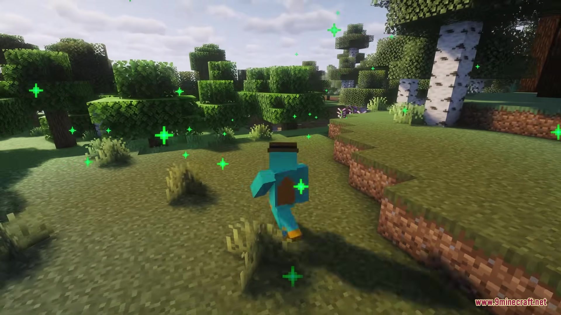 Biome Blends Mod Screenshot 4 Green particles float around a player running through a lush forest biome