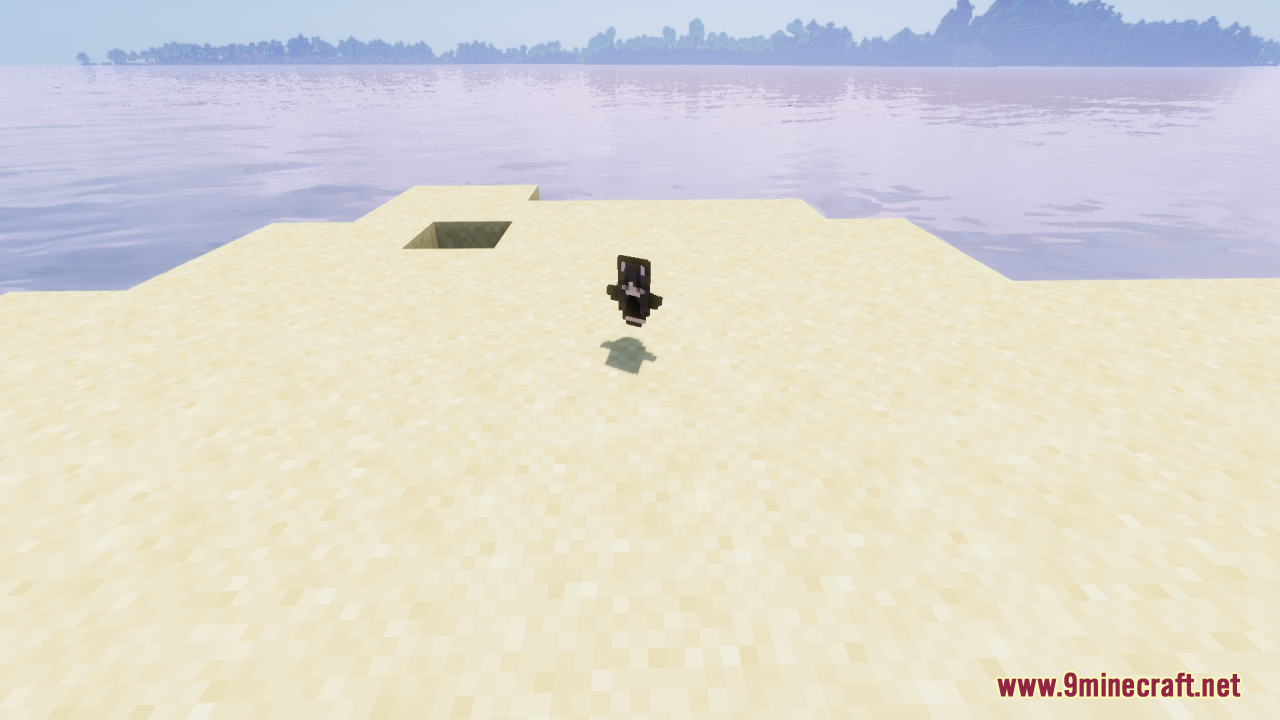 The custom totem item floats above the sand near the ocean
