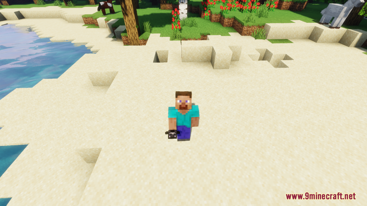 Steve stands on a beach holding a custom black character totem of undying