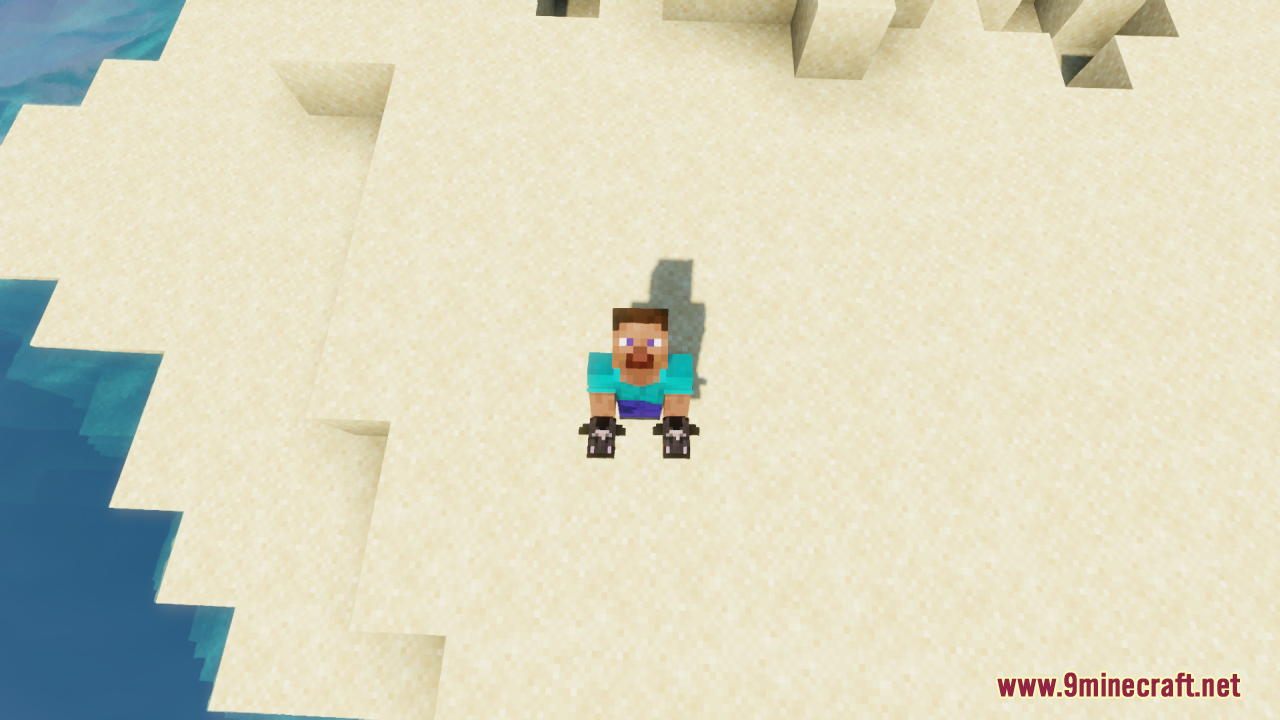 The player holds two custom black character totems while standing on the sand