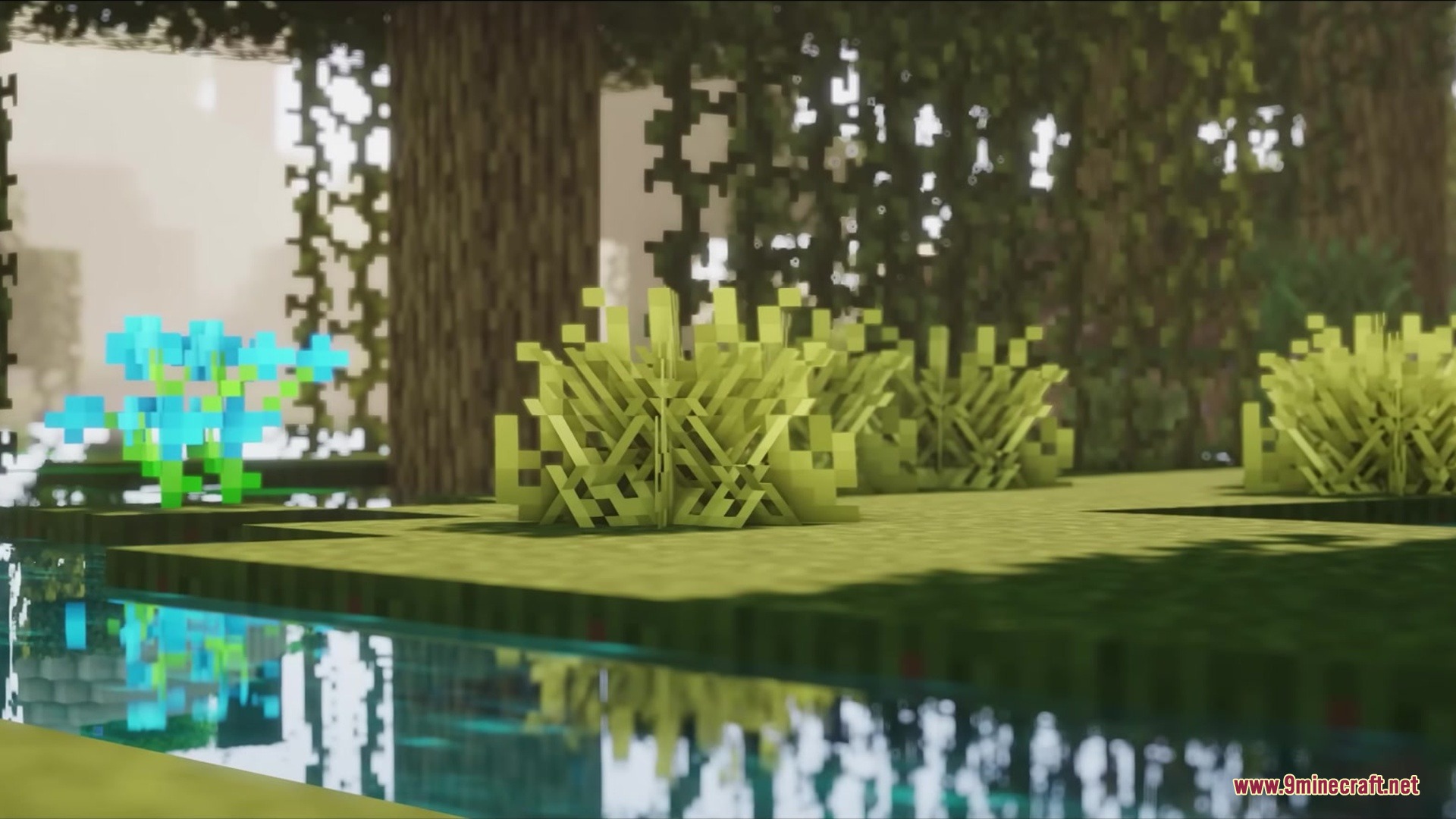 Blak Suit's Bushy Grass Resource Pack Screenshot 1 Close up view of thick bushy grass and a blue flower in forest