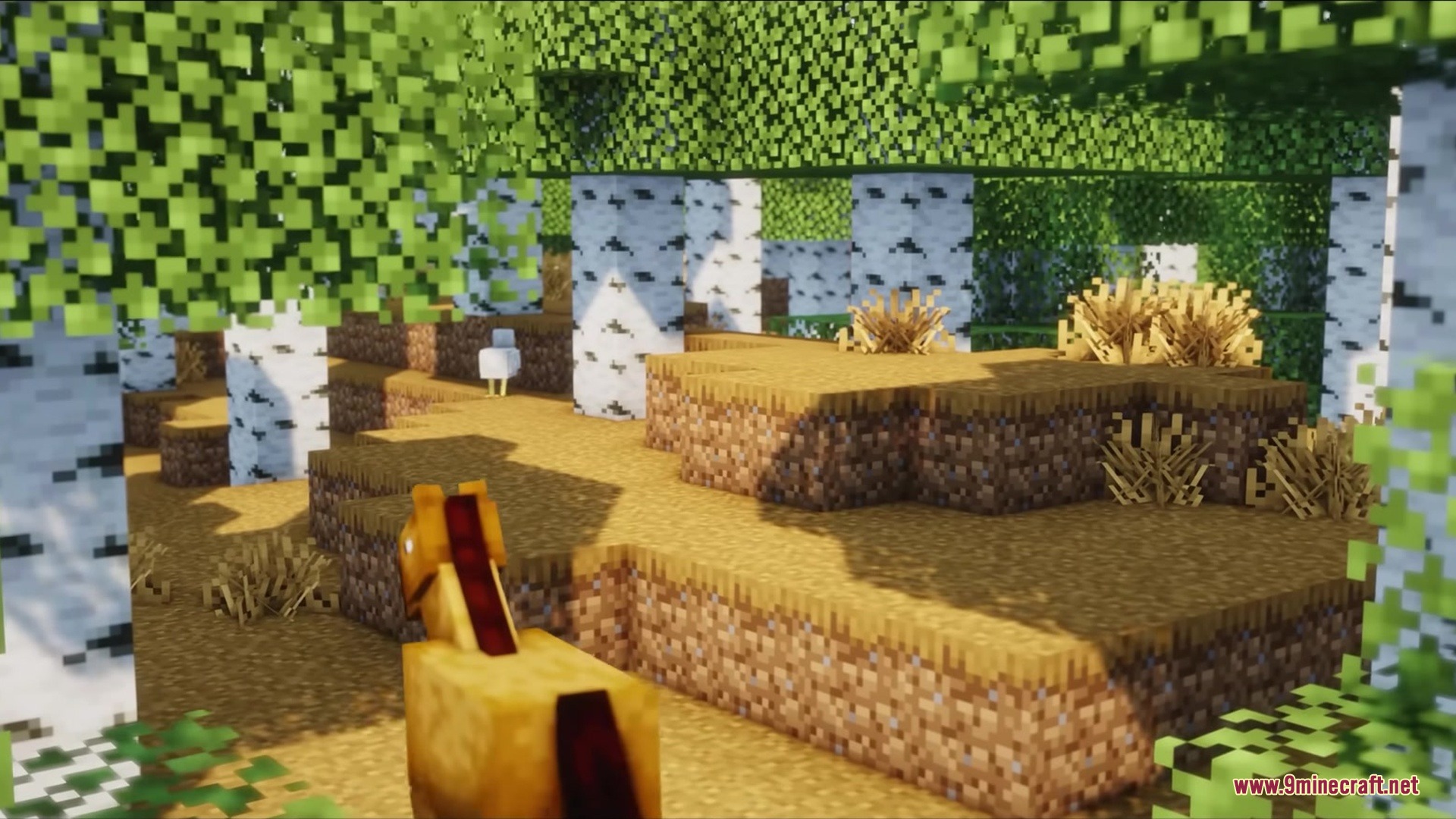 Blak Suit's Bushy Grass Resource Pack Screenshot 3 A horse and chicken in a birch forest with thick bushy grass