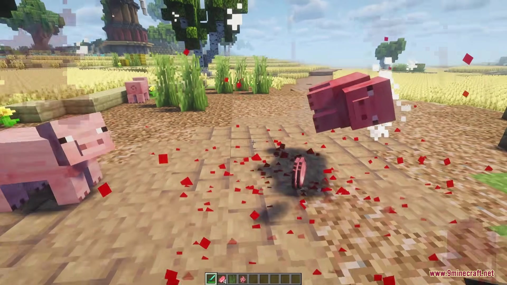 Blood Bits Mod Screenshot 2 Red blood particles scatter as a pig is hit and drops meat