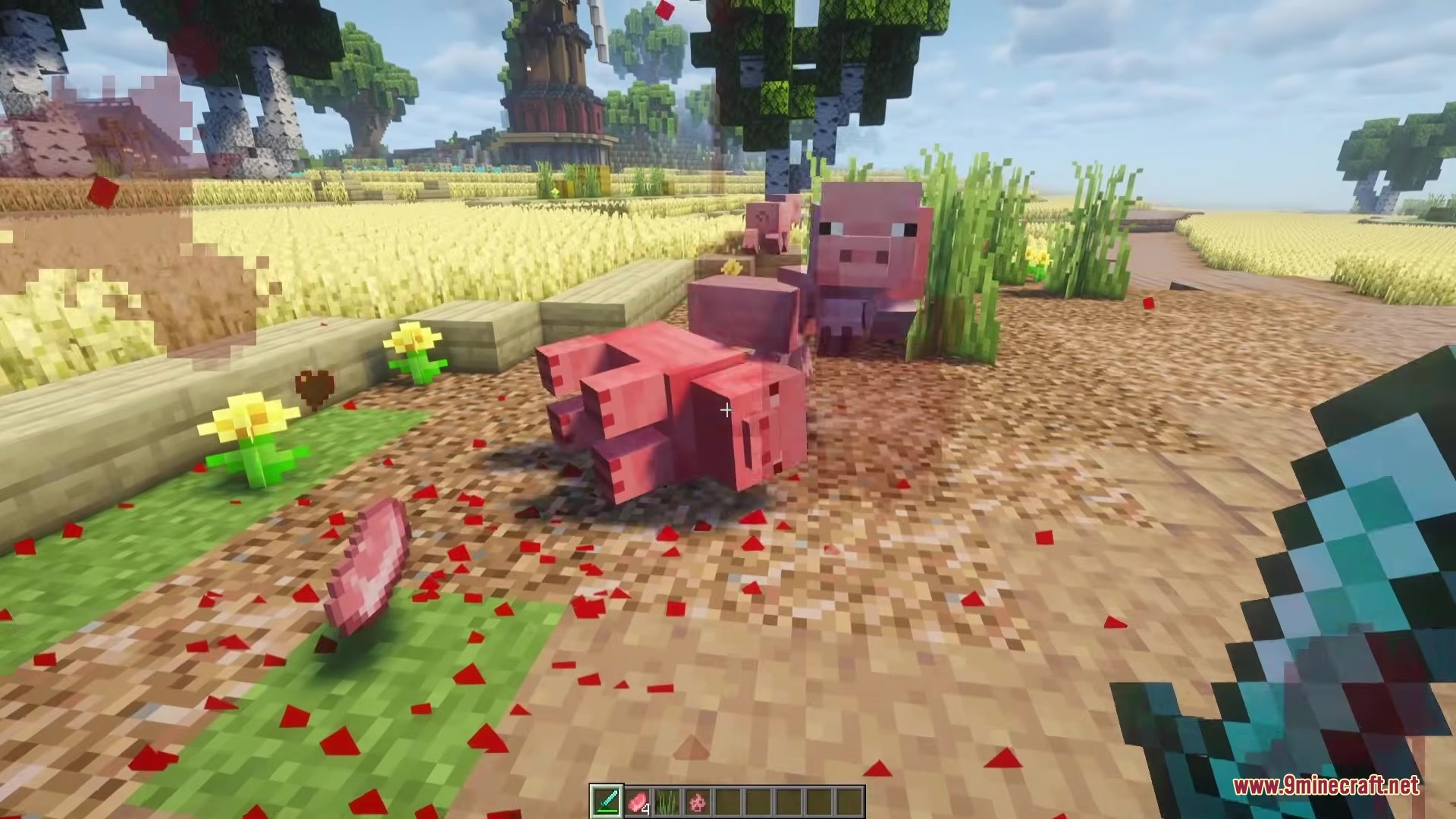 Blood Bits Mod Screenshot 3 Player hits a pig with a sword, creating red blood particles
