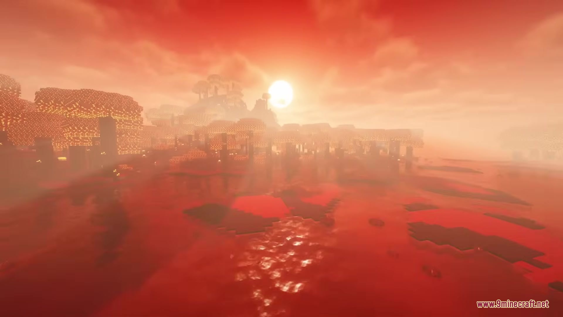 Bloody Hell Mod Screenshot 2 The Bloody Hell mod features a red landscape with a glowing sun and mist