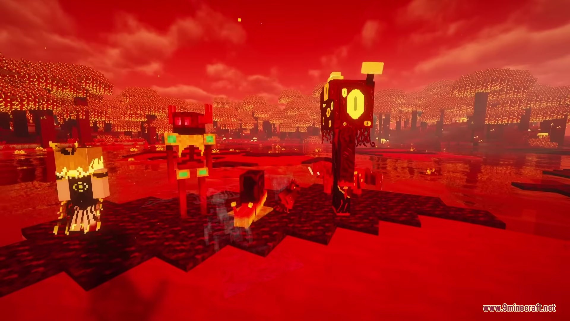 Bloody Hell Mod Screenshot 3 Various unique mobs standing on dark blocks in a red hellish dimension