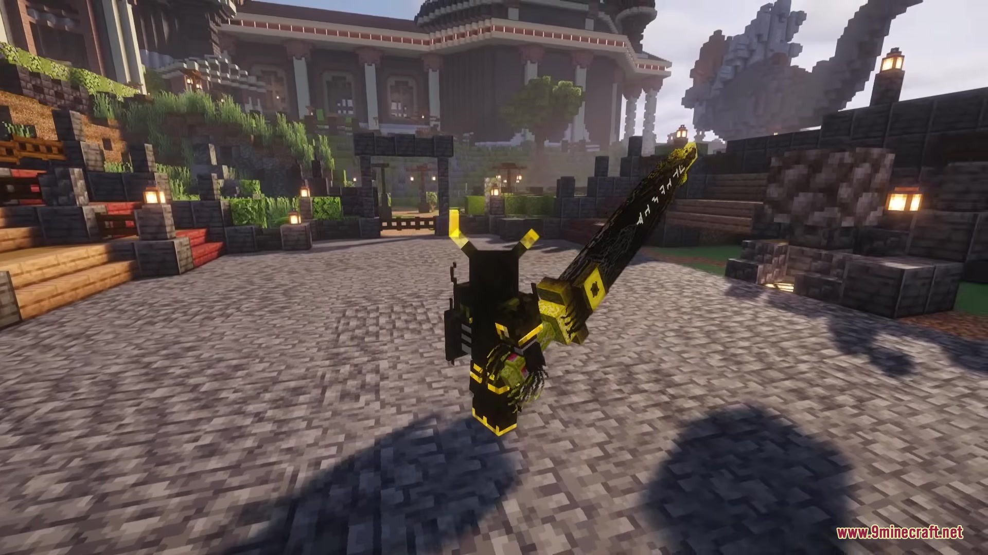Bloody Hell Mod Screenshot 4 A player character holding a powerful runic sword in a medieval stone courtyard