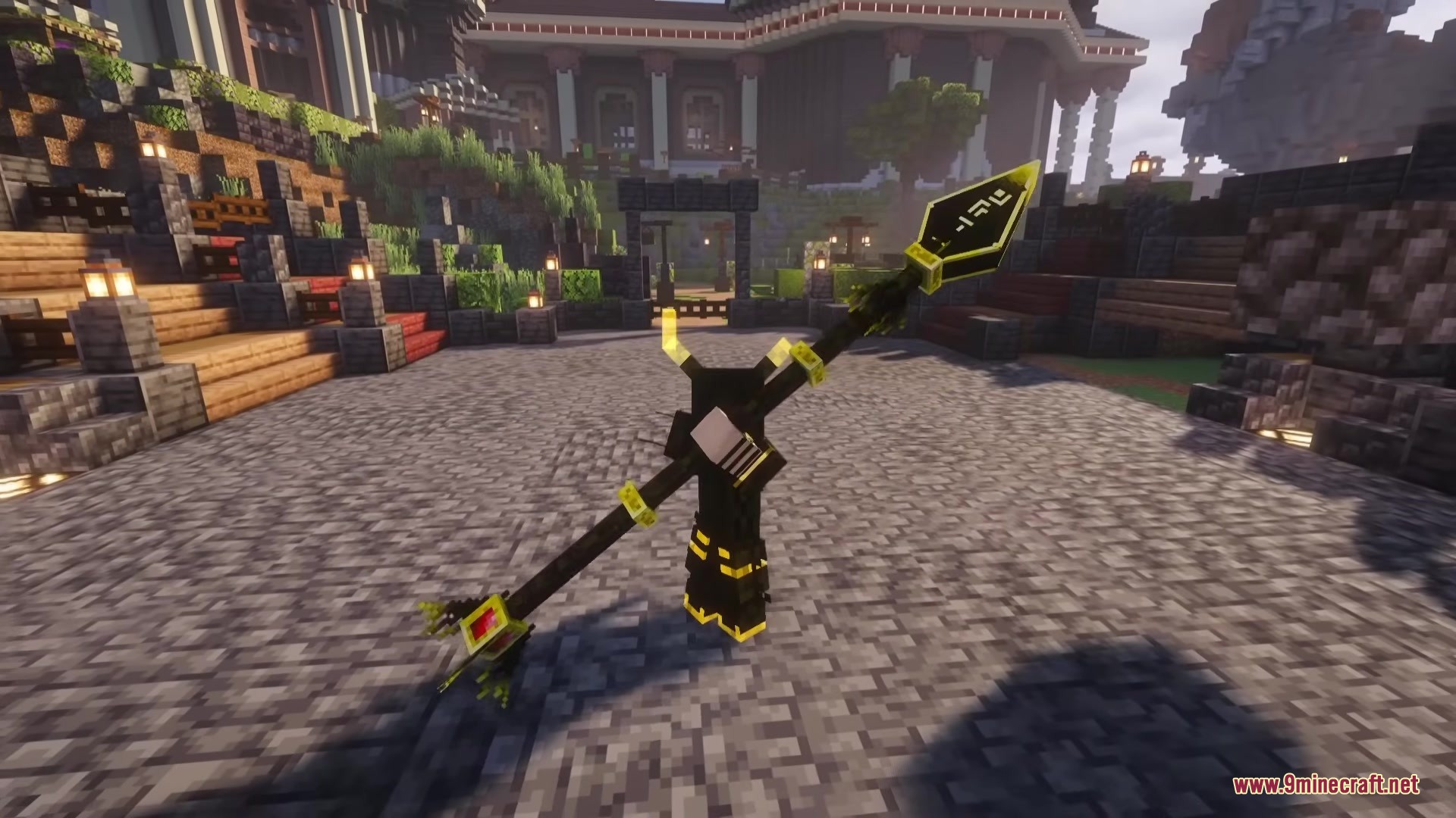 Bloody Hell Mod Screenshot 5 A Minecraft player holds a large black and yellow spear with glowing runes
