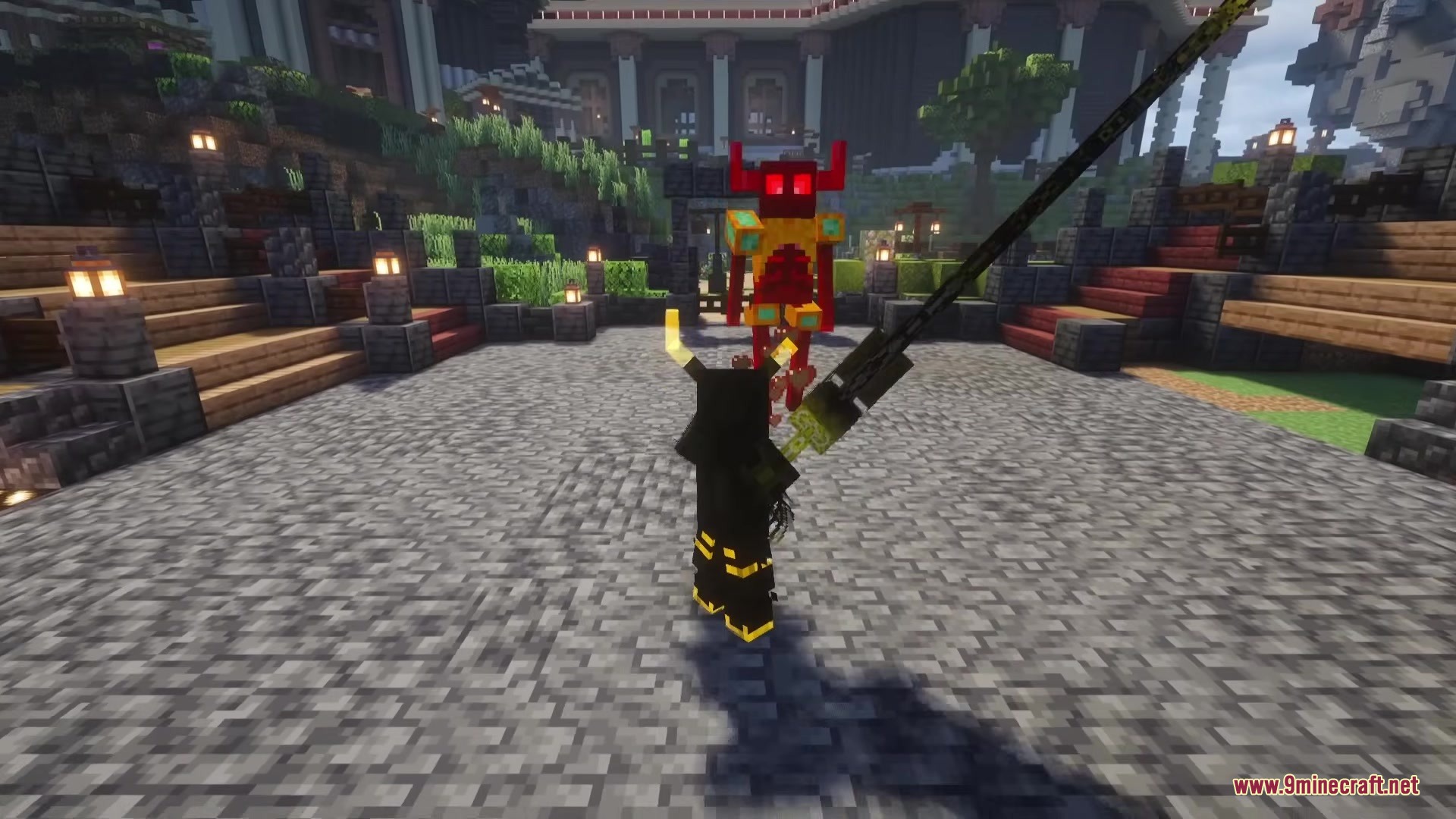 Bloody Hell Mod Screenshot 6 A player faces a red demonic boss monster in a stone arena