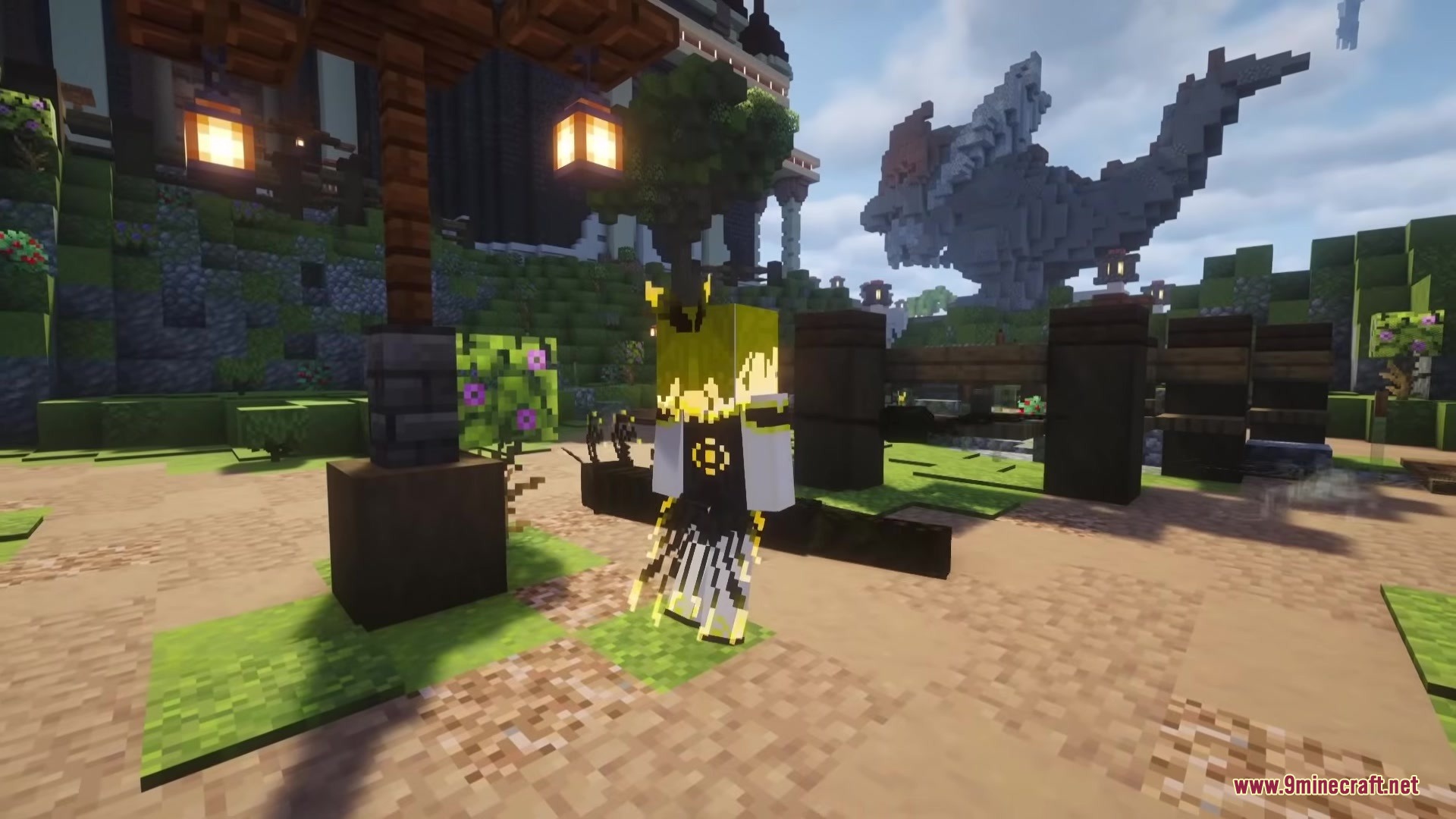 Bloody Hell Mod Screenshot 8 Player character wearing special magic robes standing in front of a stone dragon