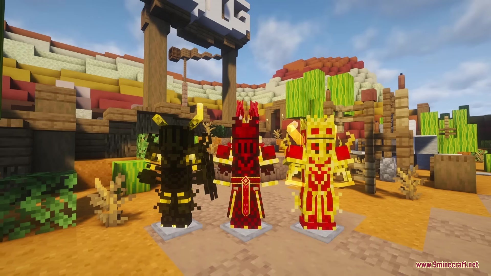 Bloody Hell Mod Screenshot 9 Three sets of powerful custom armor displayed on stands in a desert biome