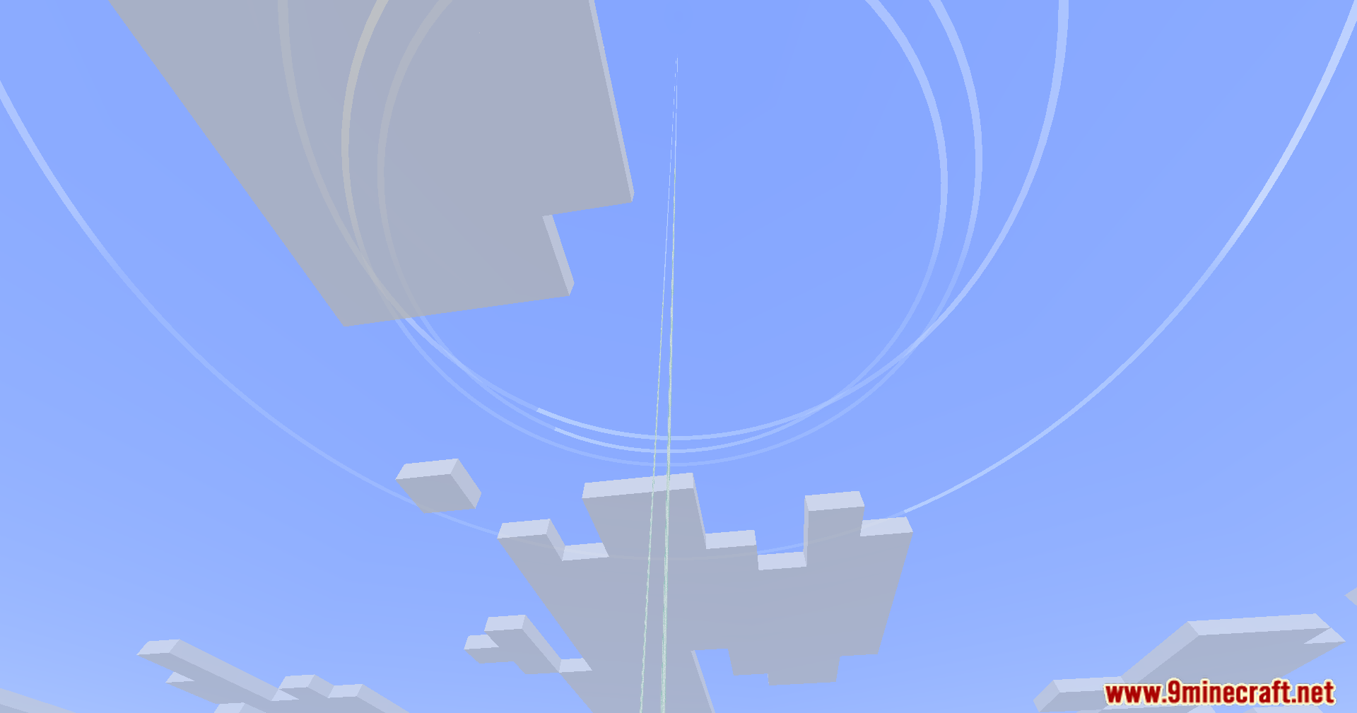 Blue Archive Halo Mod Screenshot 4 Concentric glowing rings floating around a vertical beacon beam in the Minecraft sky