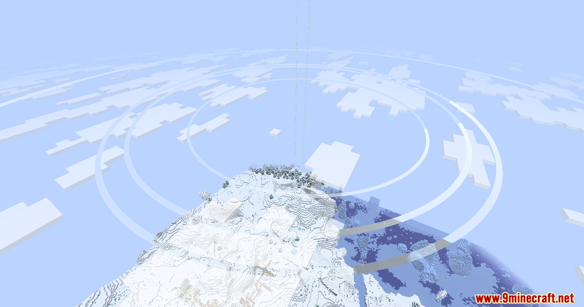 Blue Archive Halo Mod Screenshot 7 Multiple glowing white halos floating above a beacon beam in a snowy biome