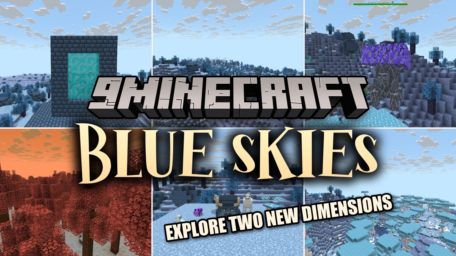 Blue Skies adds two explorable dimensions - the Everbright, a bright, snowy and cold realm, and the Everdawn, a darker and warmer realm - reached through a portal lit with the Zeal Lighter. Each dimension has its own biomes, blocks, wood types, plants, ores and gems, dozens of new mobs, powerful bosses, and large dungeons to raid.