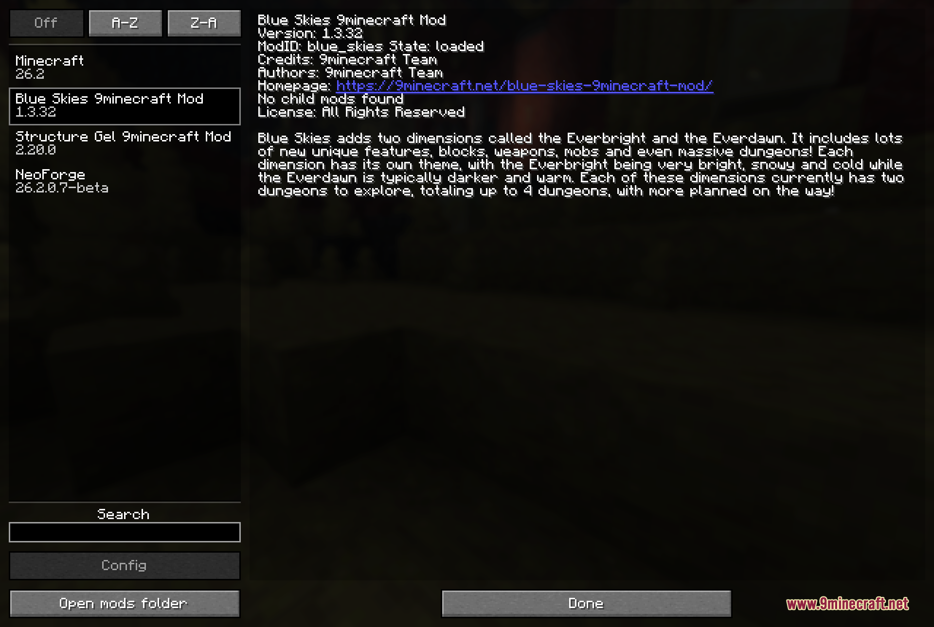 The Blue Skies 9minecraft Mod entry loaded in the in-game mods list, shown alongside its required Structure Gel library and ready to play.