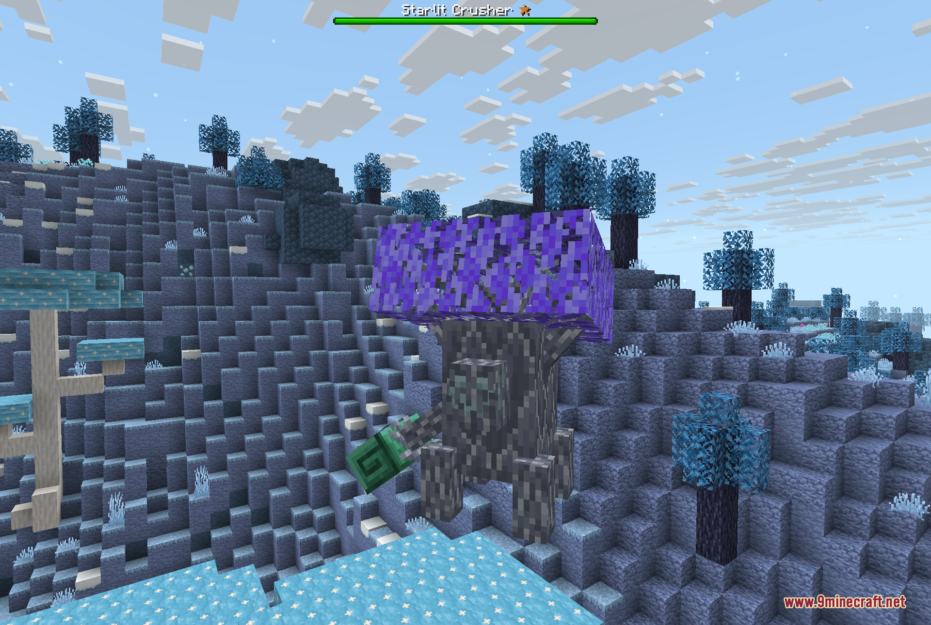 A fight against the Starlit Crusher, one of the mod's bosses, shown with its name and health bar as it looms over the Everbright landscape.