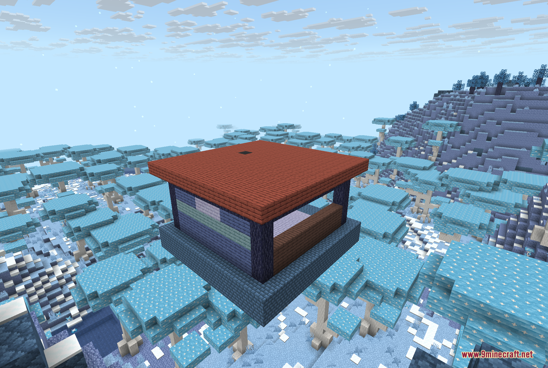 A small structure with a red roof standing above the Everbright's canopy of blue-leaved trees, one of the buildings that generate in the dimension.