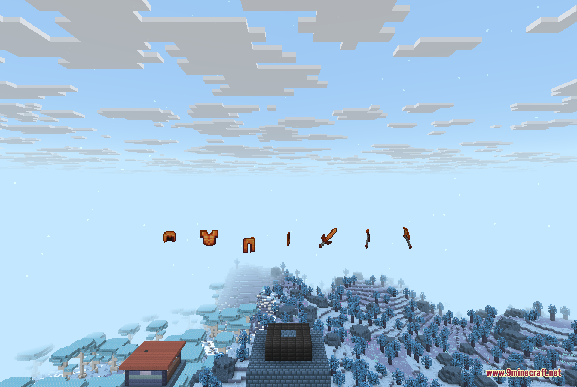 A display of the mod's equipment - a helmet, chestplate and boots alongside a sword, axe and other tools - crafted from the gems and metals found in the dimensions.