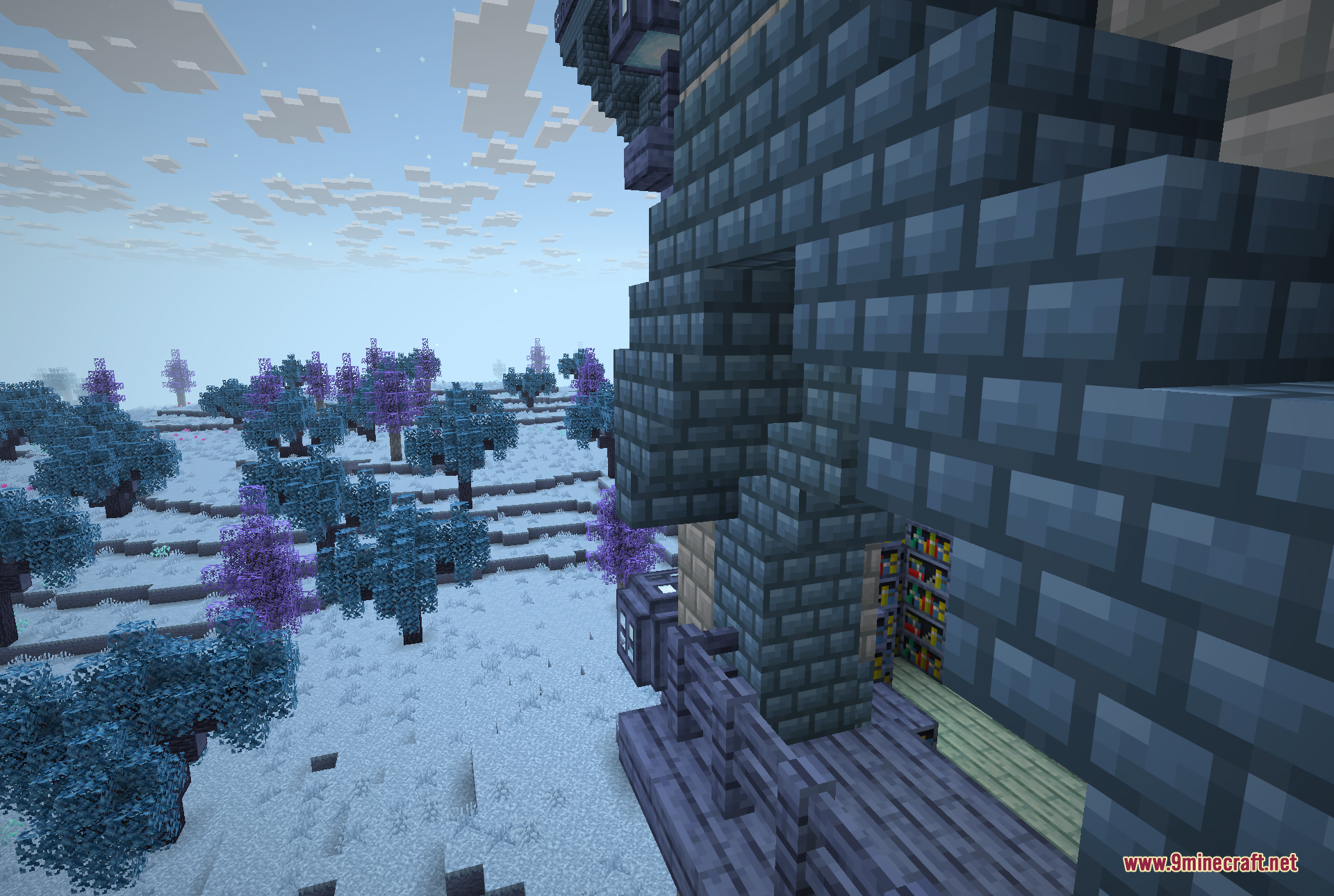 The exterior of a large blue-brick dungeon in the Everbright, with a bookshelf visible inside its entrance and purple-blossoming trees dotting the snowy field.