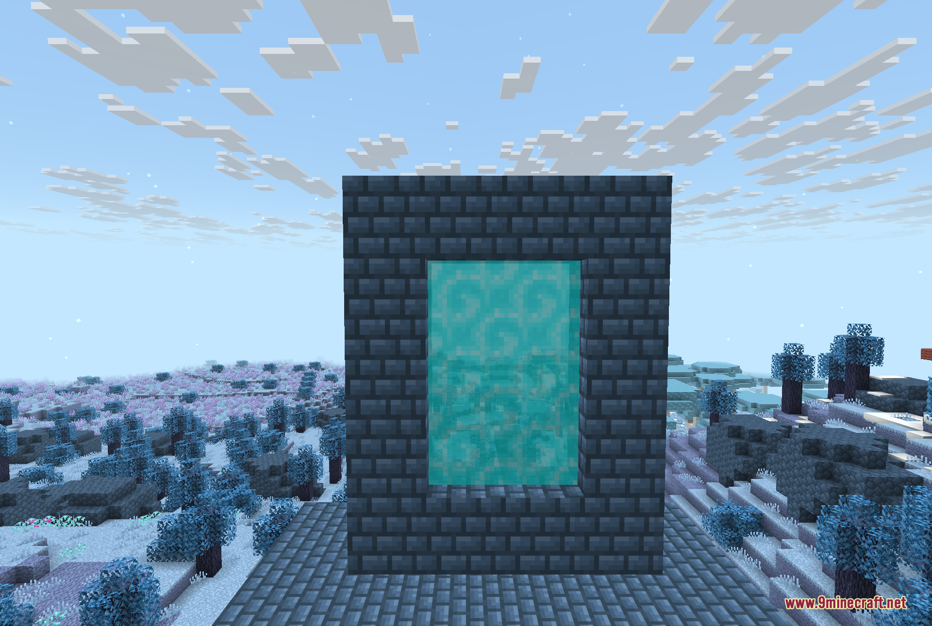 A completed Blue Skies portal, its dark stone-brick frame filled with a swirling teal portal that carries the player between the two dimensions.