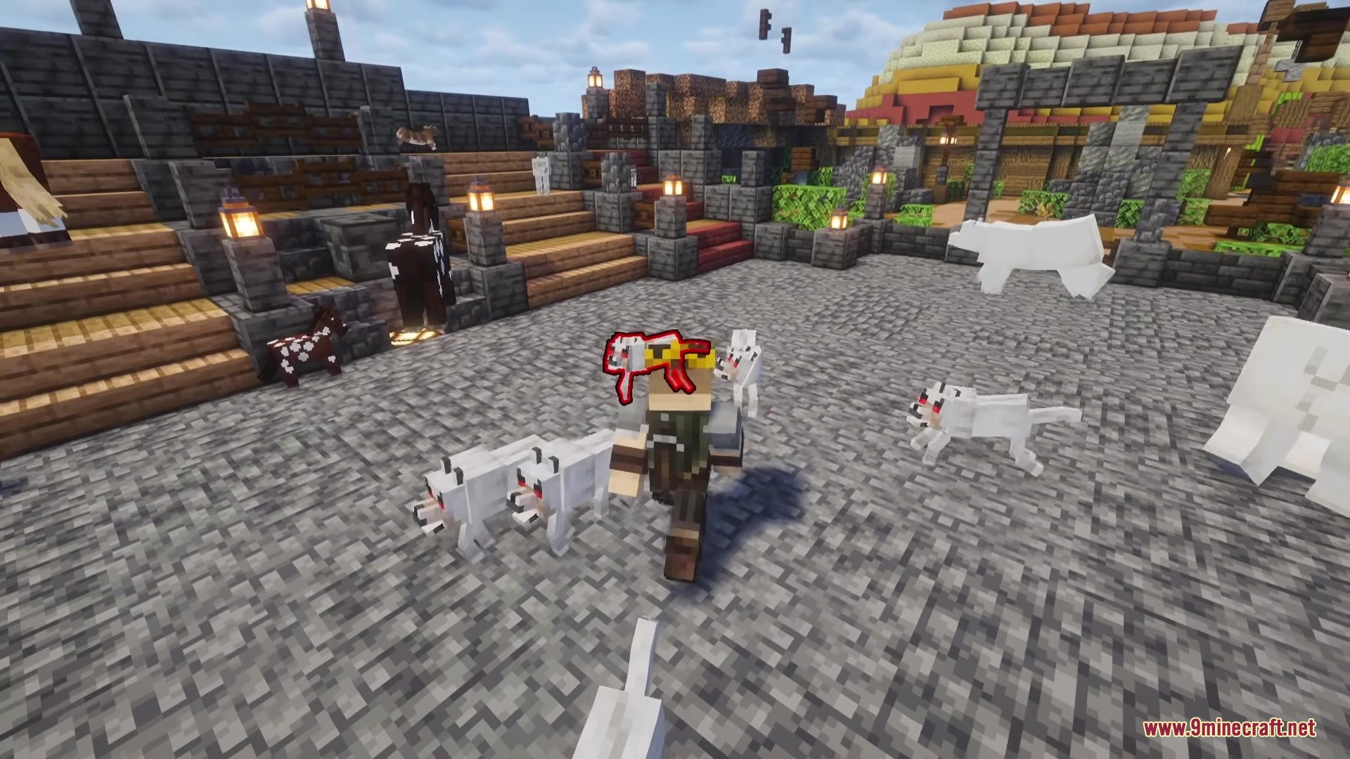 Bones Update Mod Screenshot 1 A player leads a pack of white wolves through a stone arena