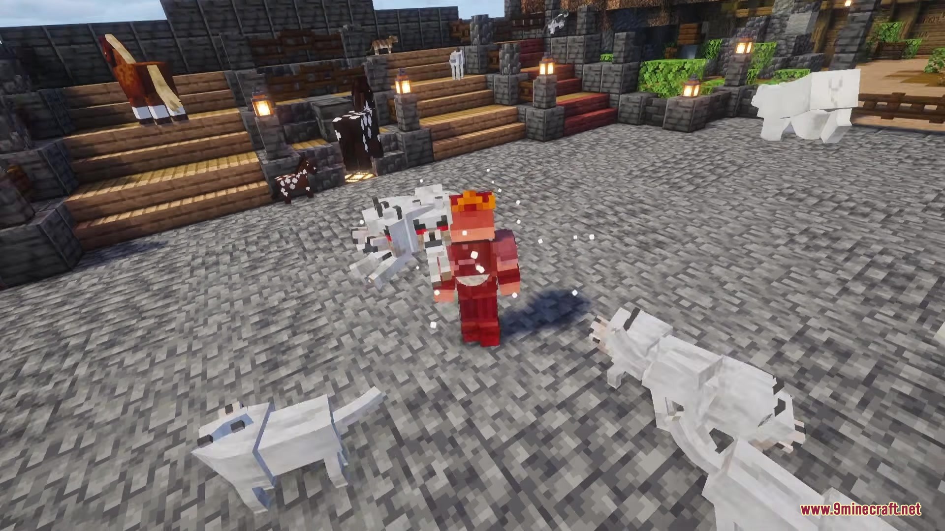 Bones Update Mod Screenshot 2 White wolves attack a player wearing red armor in a stone arena