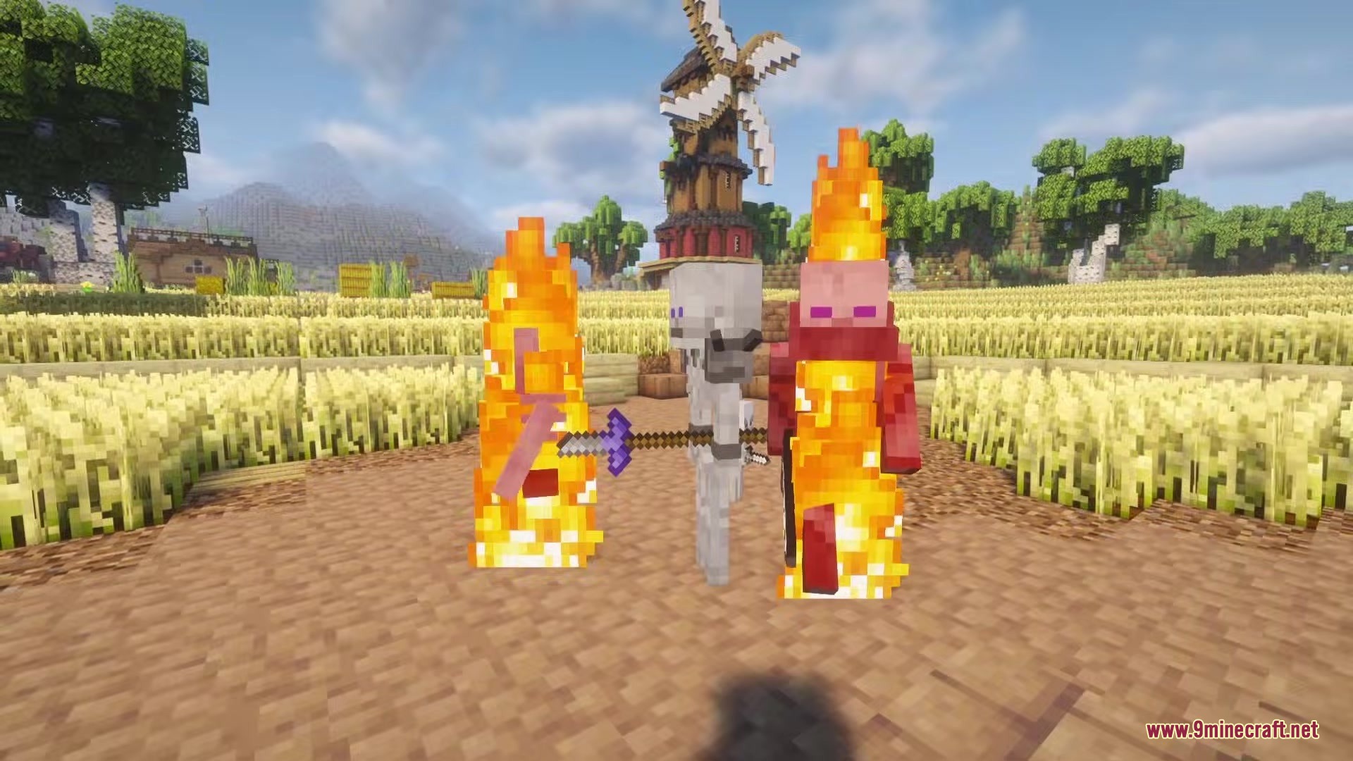 Bones Update Mod Screenshot 3 A skeleton wielding a Haunter Spear stands between two burning undead mobs