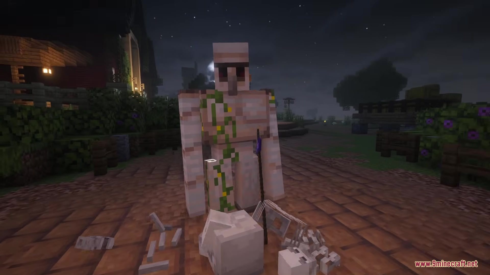 Bones Update Mod Screenshot 7 An Iron Golem stands over defeated skeleton remains and a spear at night
