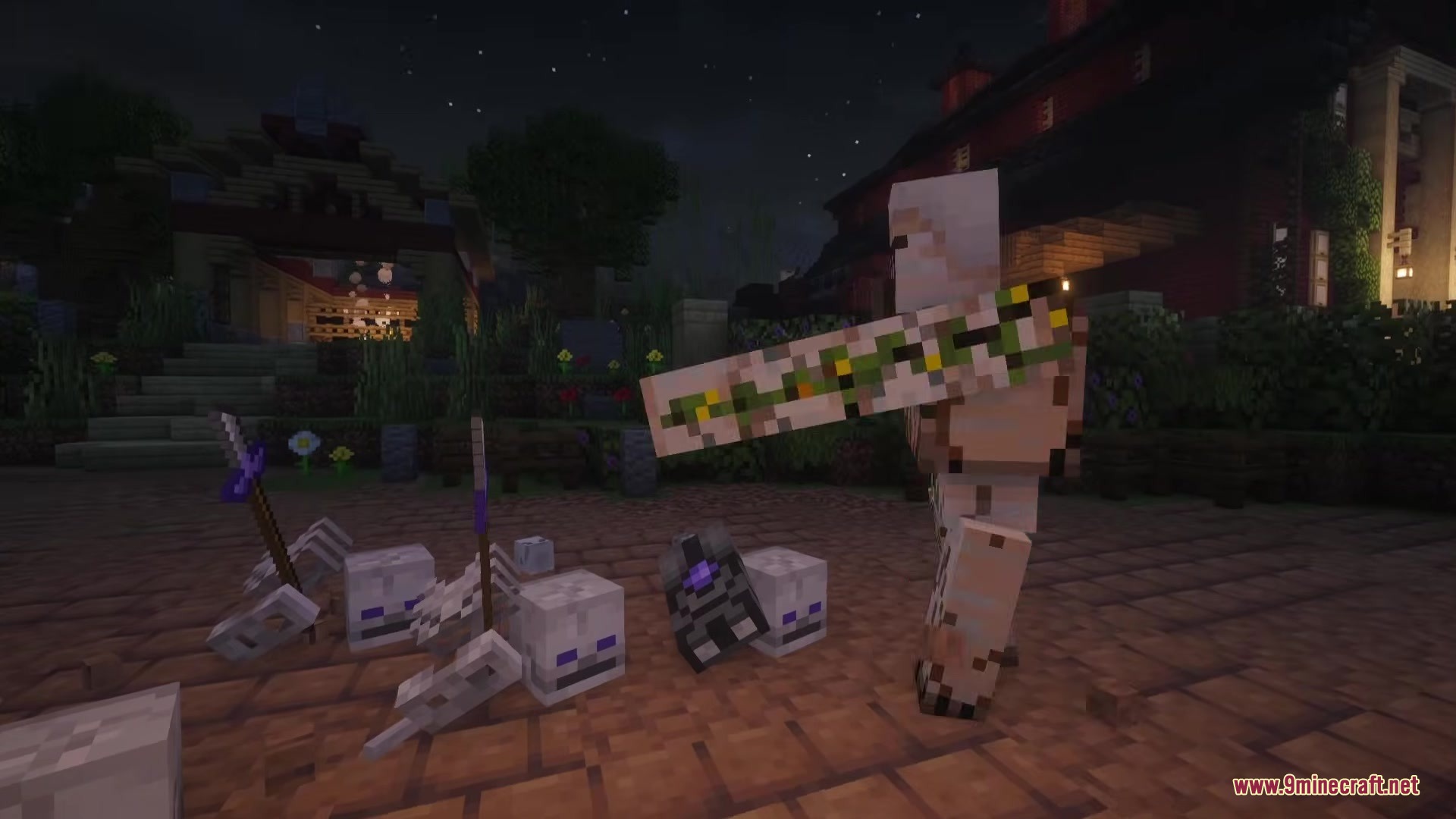 Bones Update Mod Screenshot 8 An Iron Golem looks at skeleton skulls and dropped items on the ground