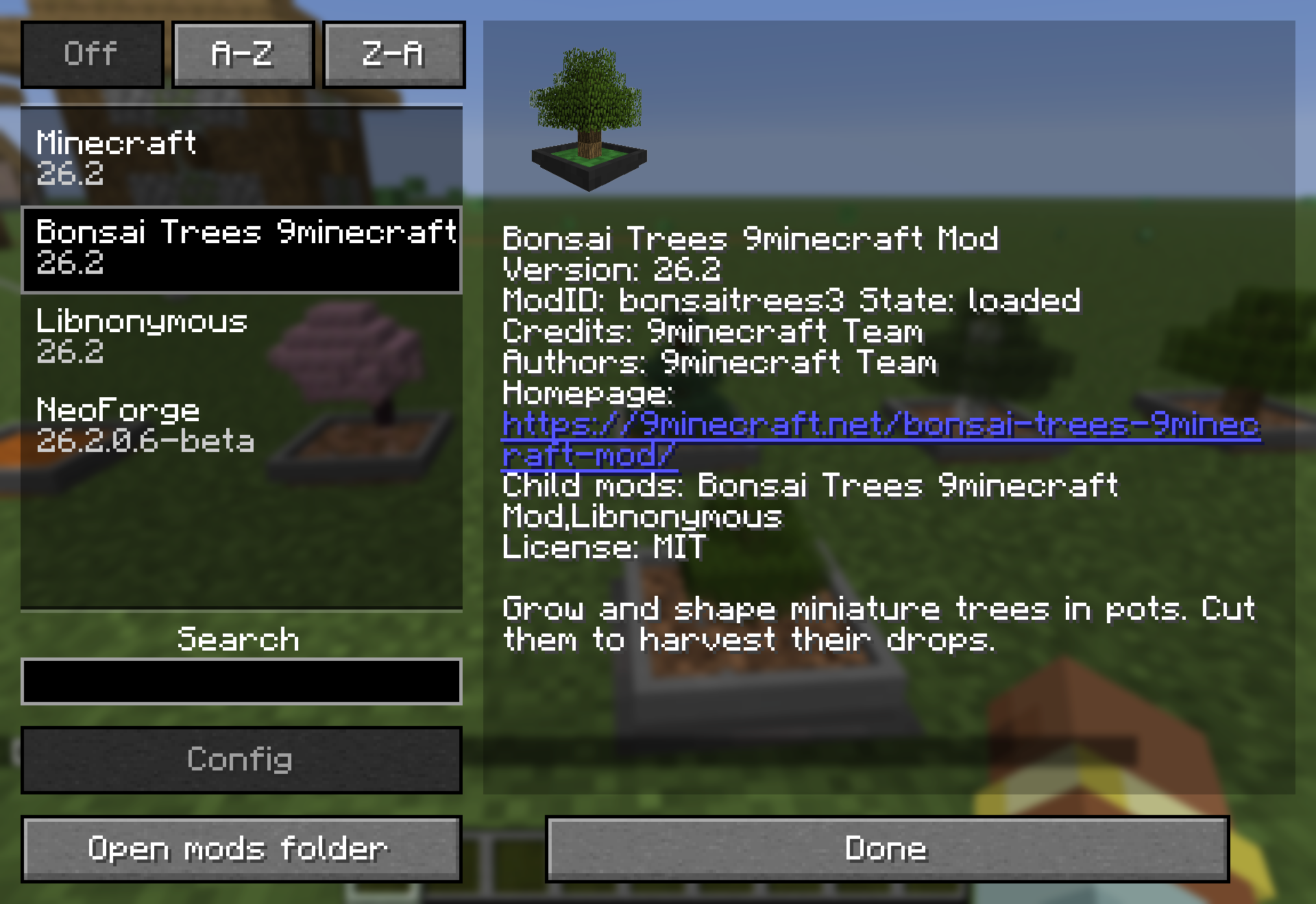 Bonsai Trees listed in the in-game mods screen - loaded, with 9minecraft Team credits and its homepage link.