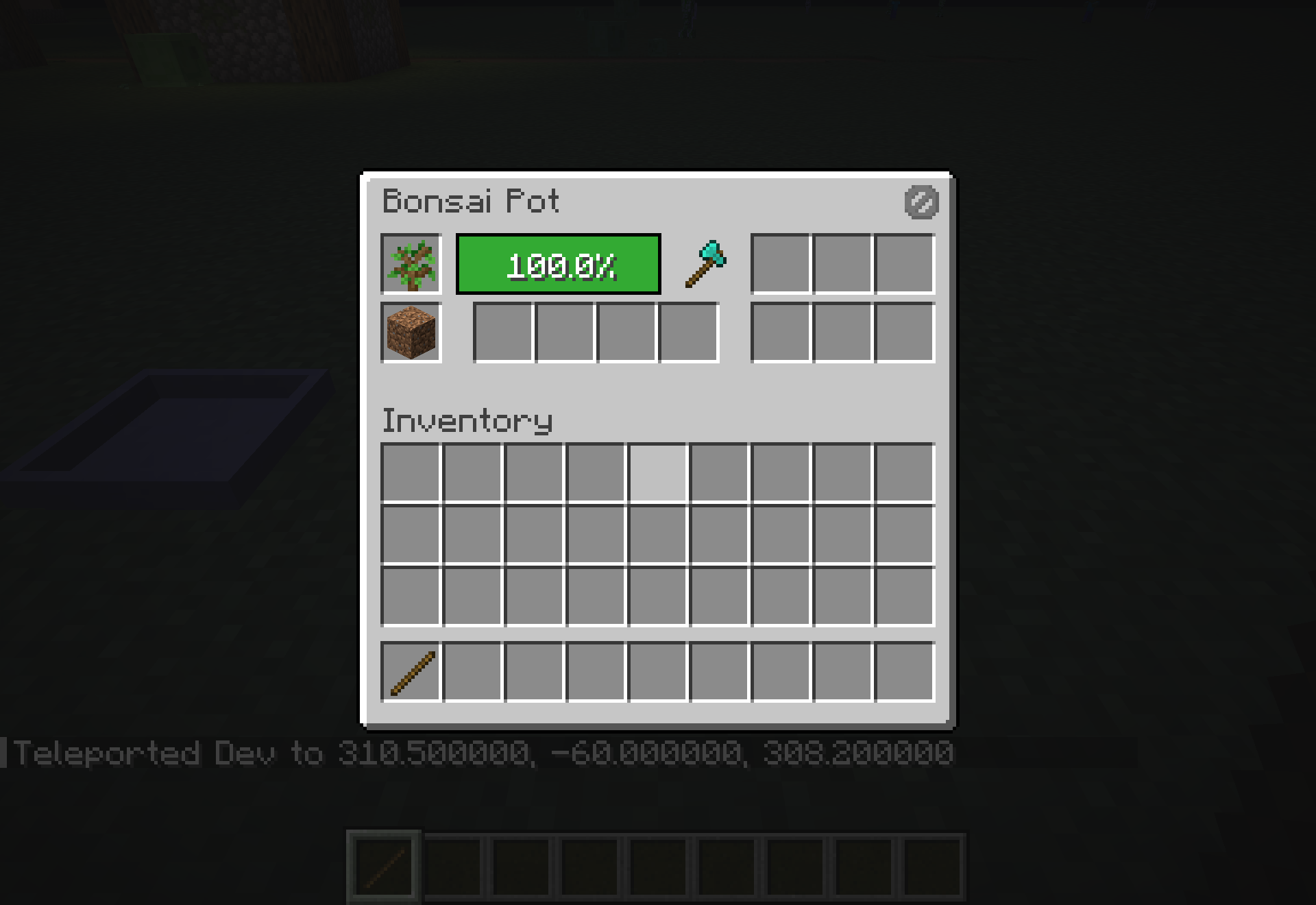 The Bonsai Pot screen at full growth - sapling and soil slots on the left, four upgrade slots and six output slots on the right.