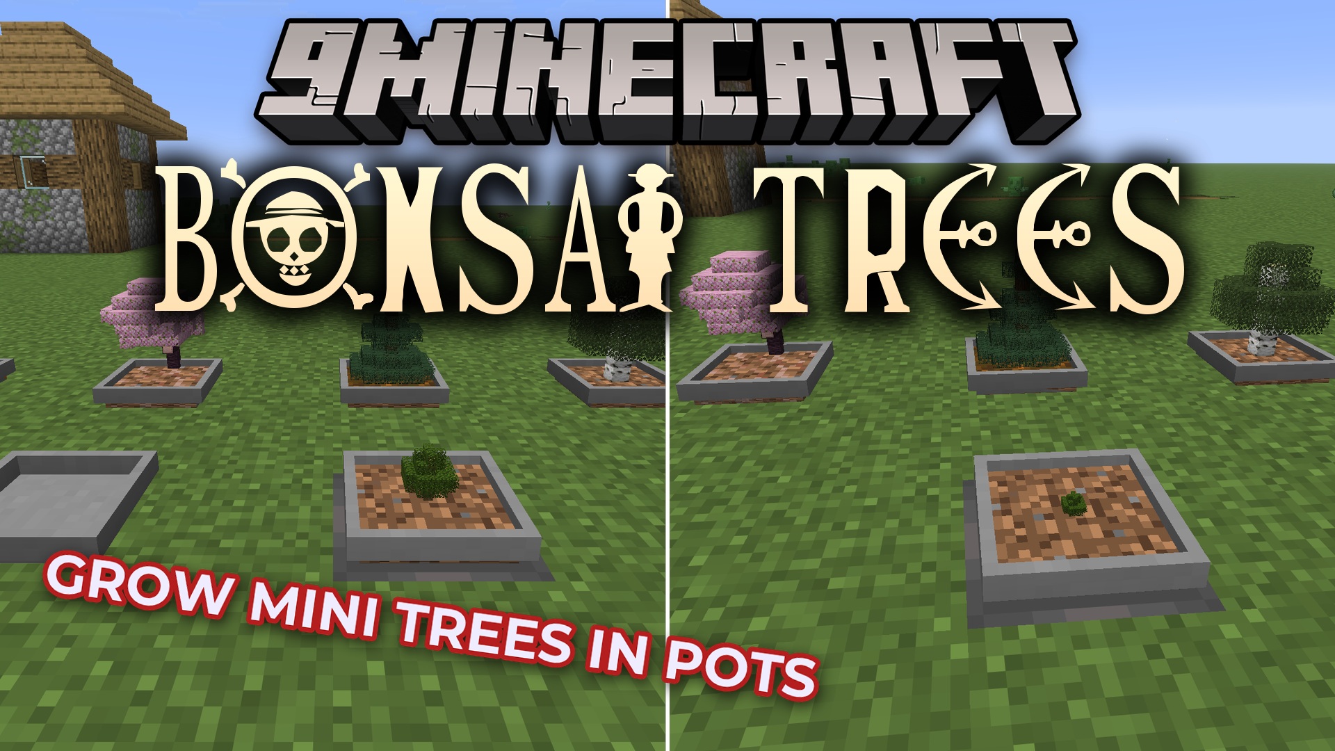 Bonsai Trees lets you grow miniature trees inside a single pot block: right-click a Bonsai Pot with a compatible soil and a sapling and the tree grows shrunken inside the pot. Cutting tools placed as upgrades harvest it automatically, the drops land in the pot's output slots, and hoppers pull them out for one-block tree farms.
