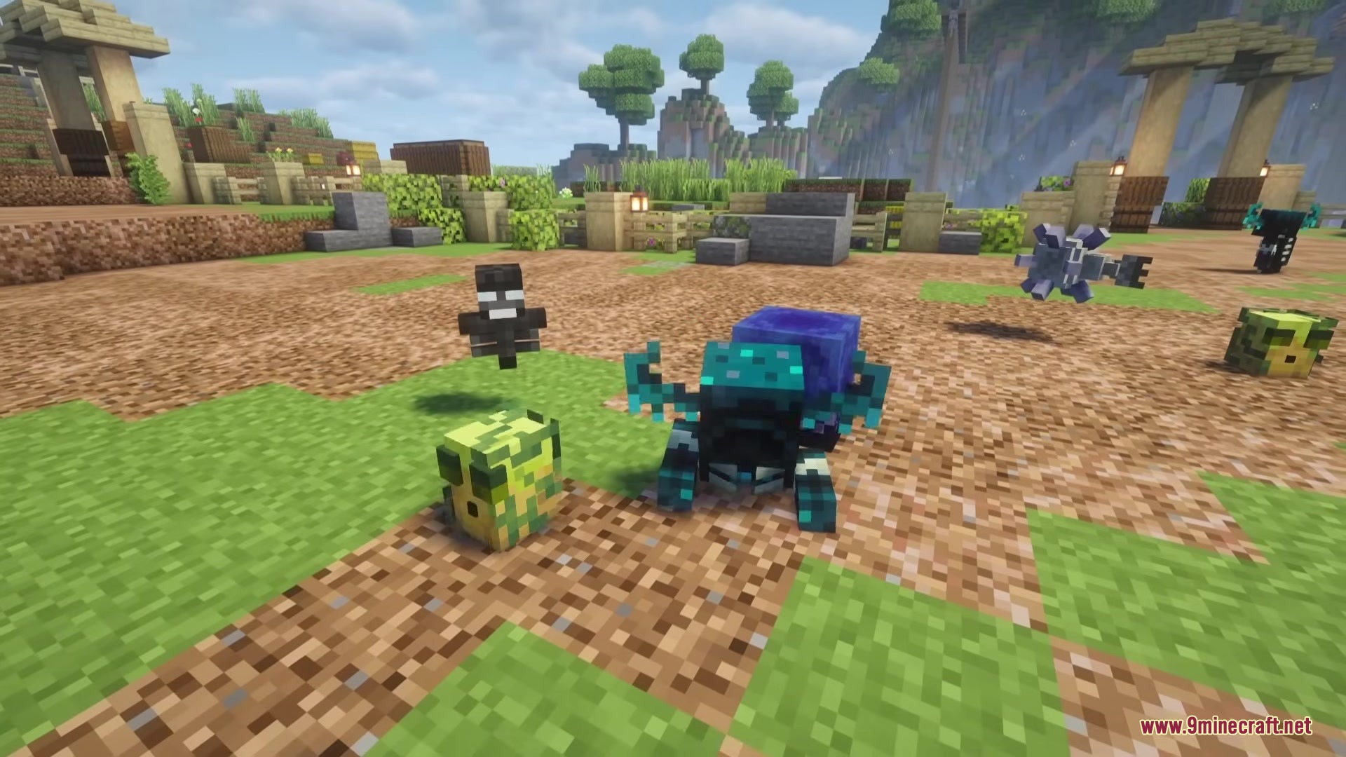 Boss Companions Mod Screenshot 1 Miniature boss mobs like the Warden and Wither standing in a village