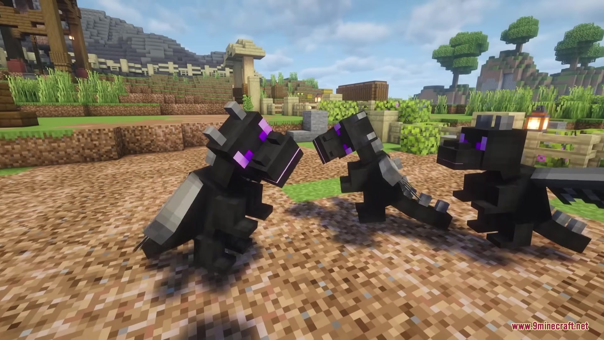 Boss Companions Mod Screenshot 2 Three tiny Ender Dragons standing on a dirt path in a village