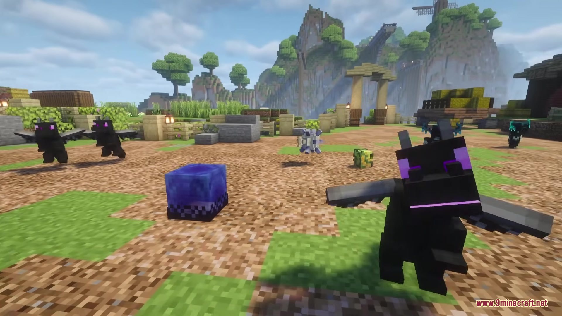 Boss Companions Mod Screenshot 3 Miniature Dragon Hatchling and Witherite pets standing in a sunny Minecraft field