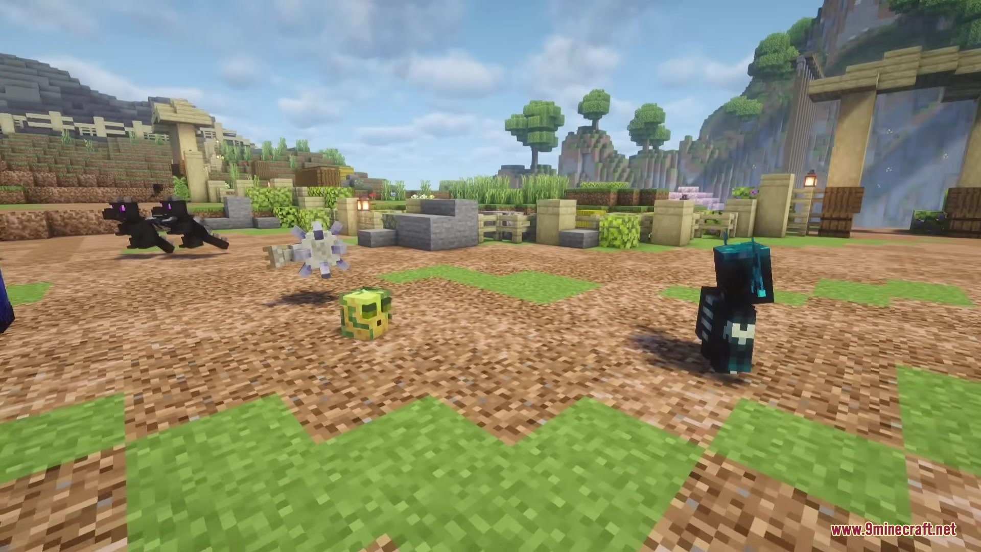 Boss Companions Mod Screenshot 4 The Wardling and Guardian Hatchling pets standing on a dirt path in Minecraft