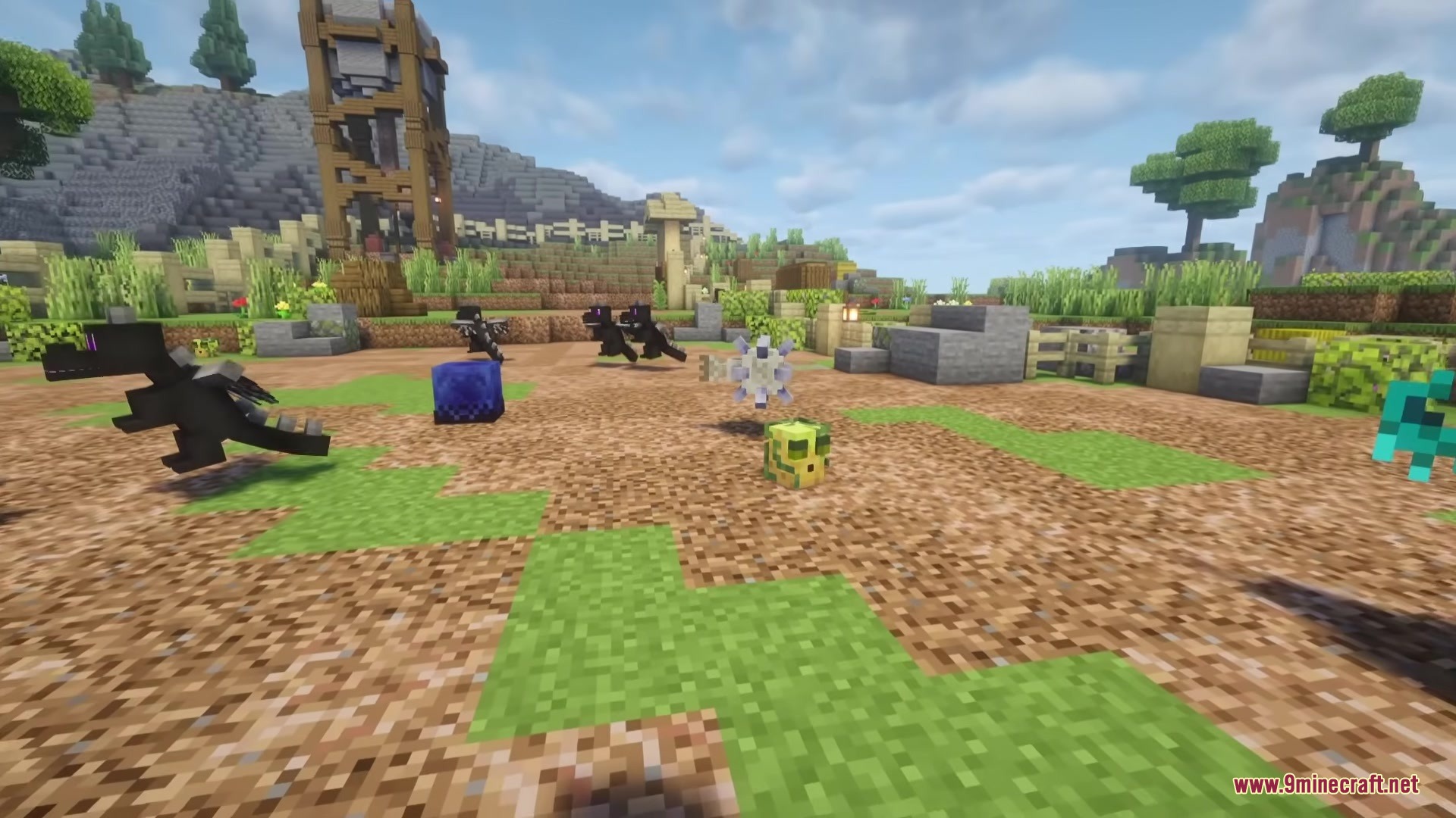 Boss Companions Mod Screenshot 5 Miniature versions of Minecraft bosses gather together in an open grassy area