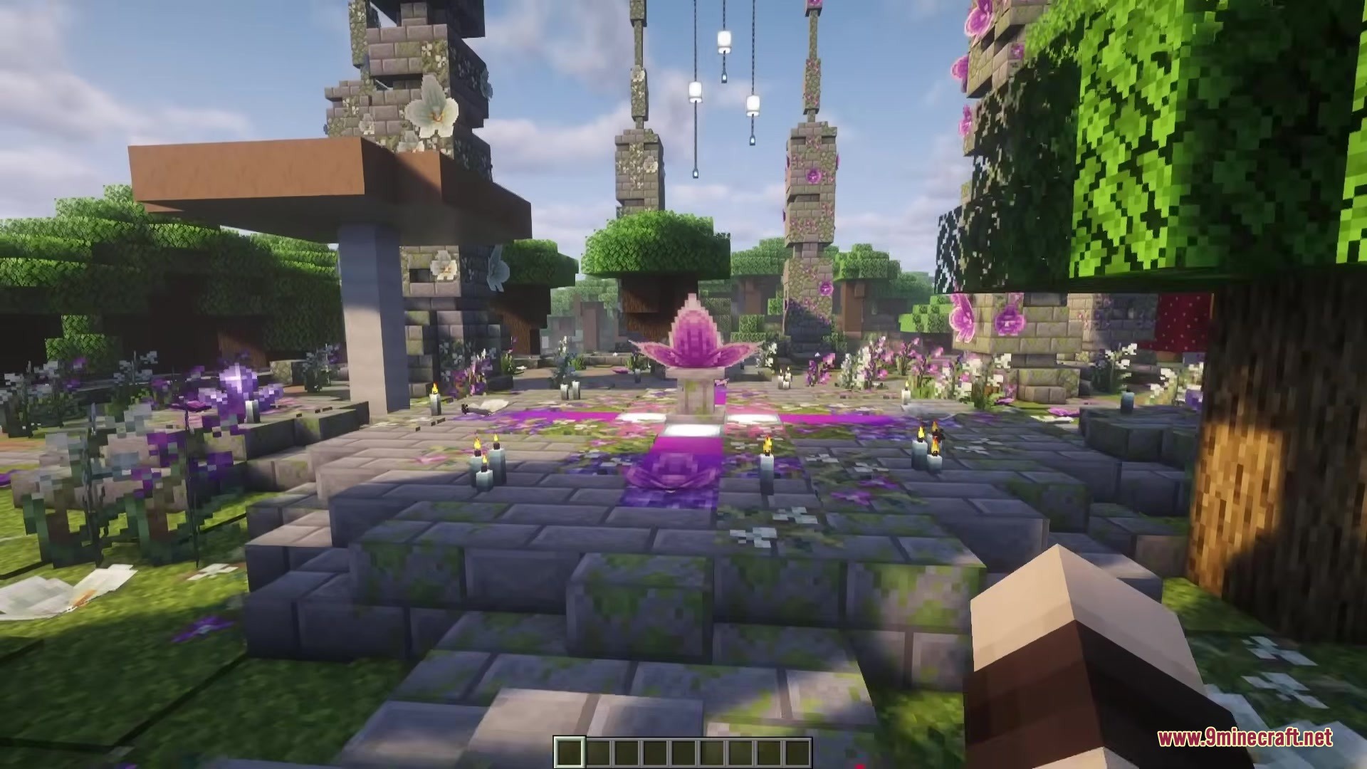 Bosses Oddities Mod Screenshot 2 A stone Orchid Shrine decorated with purple flowers and candles in a forest