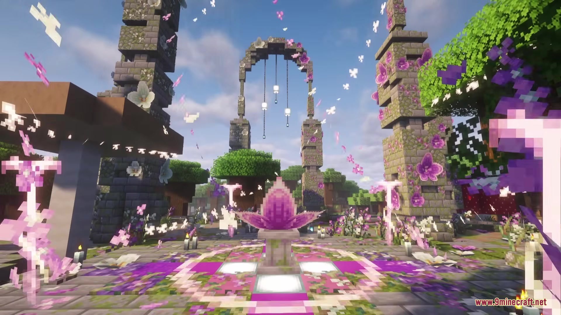 Bosses Oddities Mod Screenshot 3 A stone altar decorated with purple flowers and glowing blocks in Minecraft