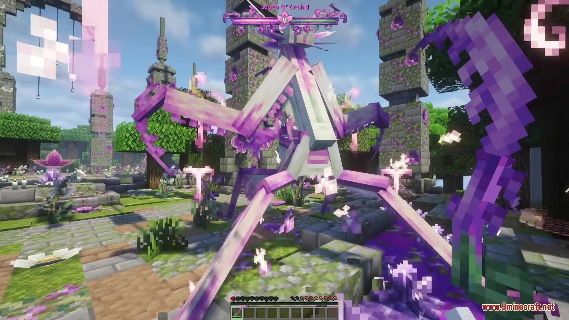 Bosses Oddities Mod Screenshot 5 Giant purple mantis boss standing in a stone shrine surrounded by flowers