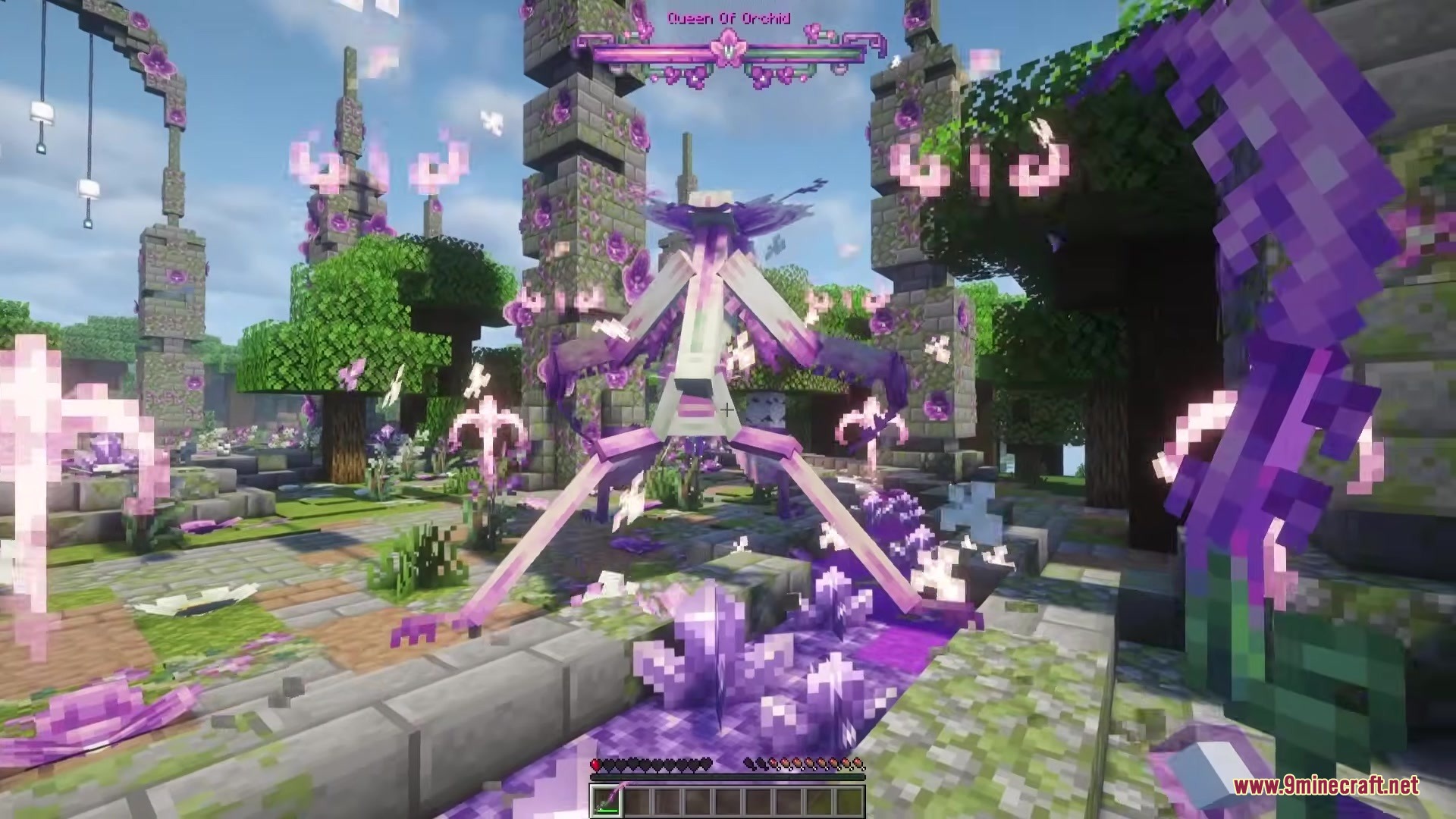 Bosses Oddities Mod Screenshot 6 The Queen of Orchid boss releases purple particles during a fierce battle