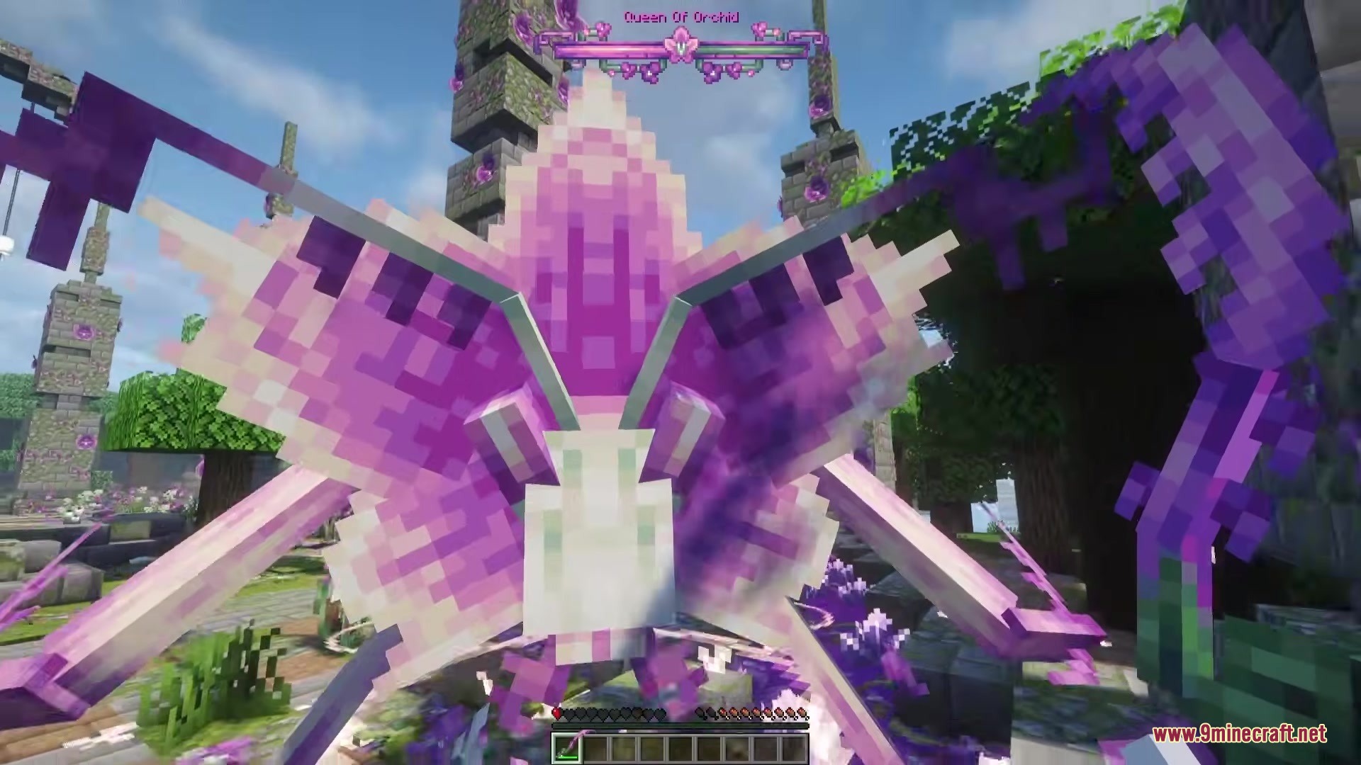 Bosses Oddities Mod Screenshot 7 A giant purple Queen of Orchid boss hovering over a stone forest shrine