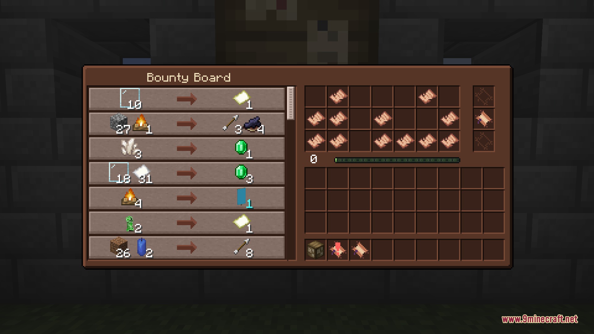 A Bounty Board's interface, listing several active bounties with the items each one requires on the left and the rewards it pays out on the right.
