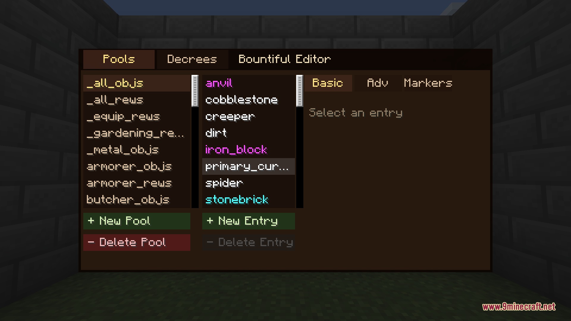 The built-in Bountiful Editor, where the mod's bounty pools, objectives and rewards can be viewed and customized entry by entry.