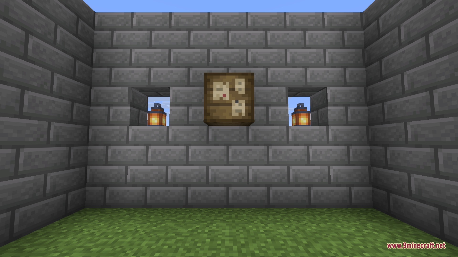 A Bounty Board mounted on a stone-brick wall between two lanterns, ready for players to take and turn in jobs.
